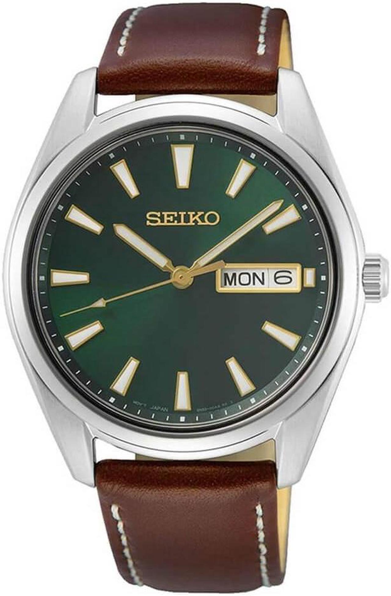 Main image of Seiko SUR449 40mm Day-Date Quartz Watch with Vibrant Green Dial