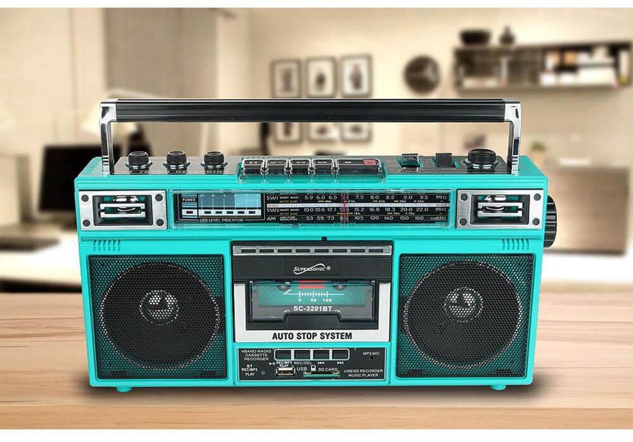 Alt view image 4 of 4 - Supersonic SC3201BTRQ Retro 4-Band Radio and Cassette Player with Bluetooth - Teal