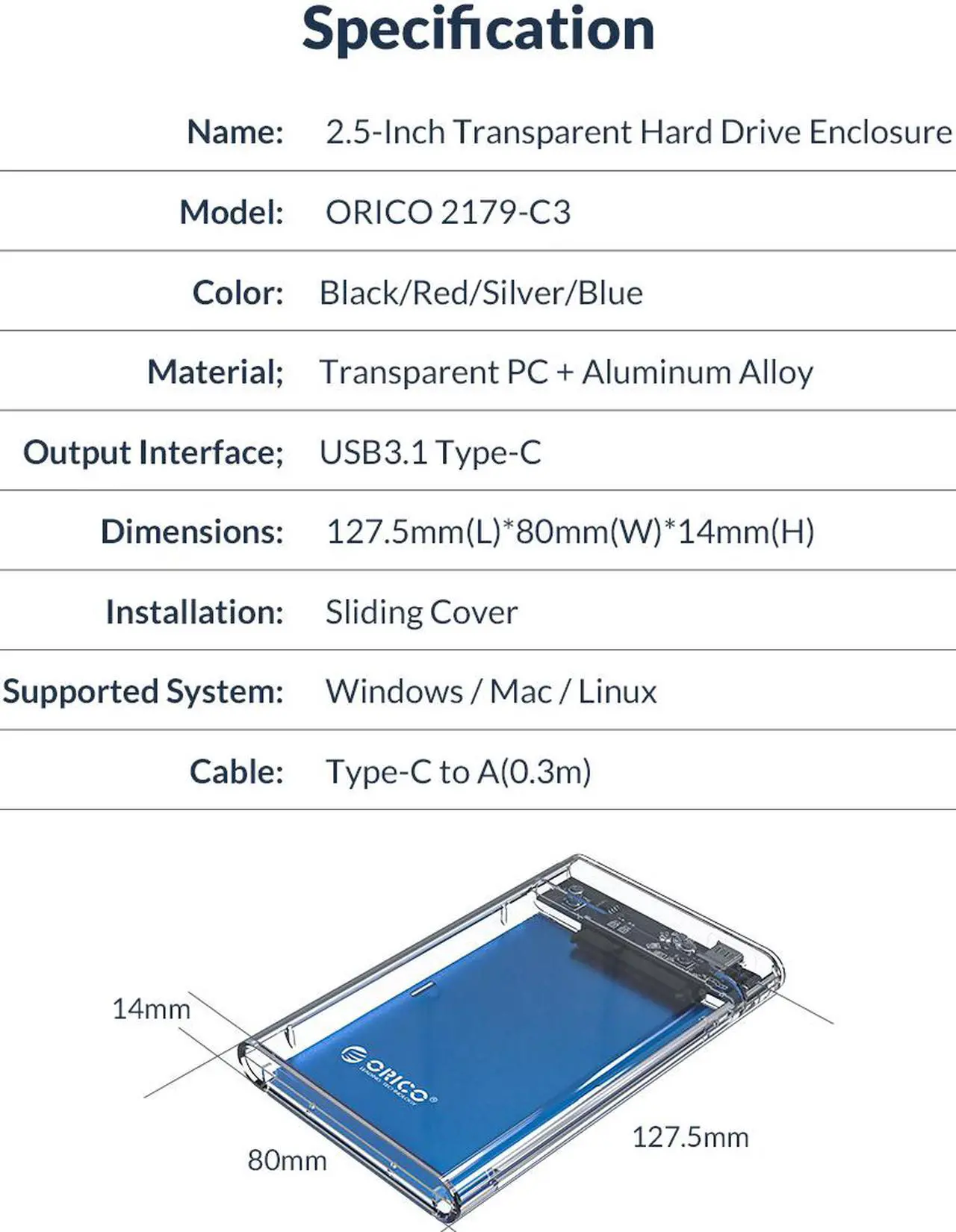 Alt view image 7 of 7 - ORICO Aluminum Type-C 2.5 Inch HDD Enclosure Case USB3.1 GEN 1 to SATA III External Hard Drive Disk Enclosure High-Speed Case for HDD SSD Support UASP SATA III 4TB Max (2179C3)