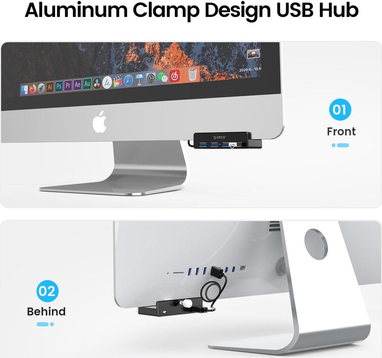 Alt view image 4 of 7 - ORICO USB 3.0 HUB, Monitor-Edge and Desk-Edge USB 3.0 4-Port Clip-Type Hub, Extra Power Supply, Space-Saving, Compact USB 3.0 Clamp Hub, Ultra-Portable Travel Hub for Laptop