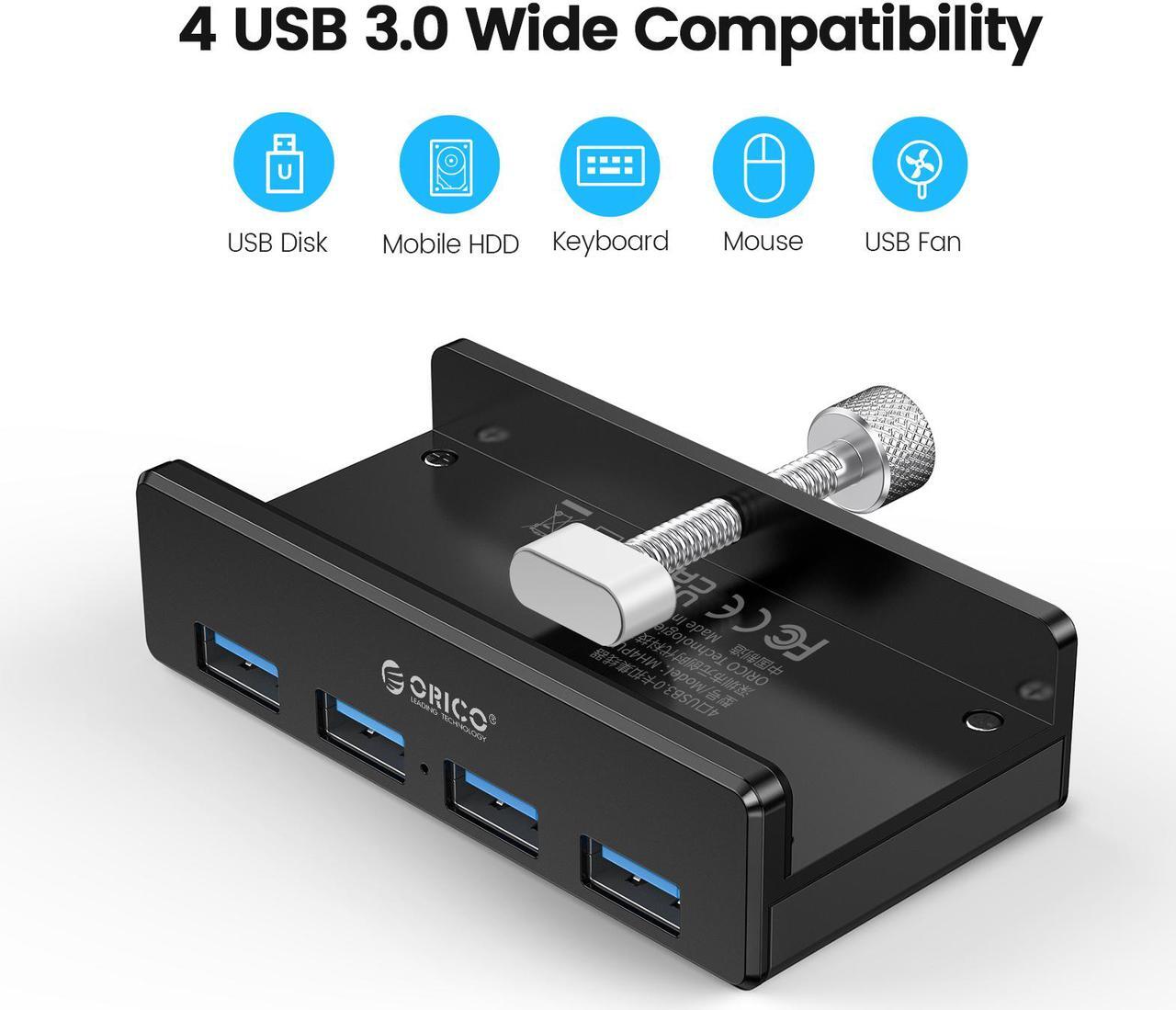 Alt view image 2 of 7 - ORICO USB 3.0 HUB, Monitor-Edge and Desk-Edge USB 3.0 4-Port Clip-Type Hub, Extra Power Supply, Space-Saving, Compact USB 3.0 Clamp Hub, Ultra-Portable Travel Hub for Laptop