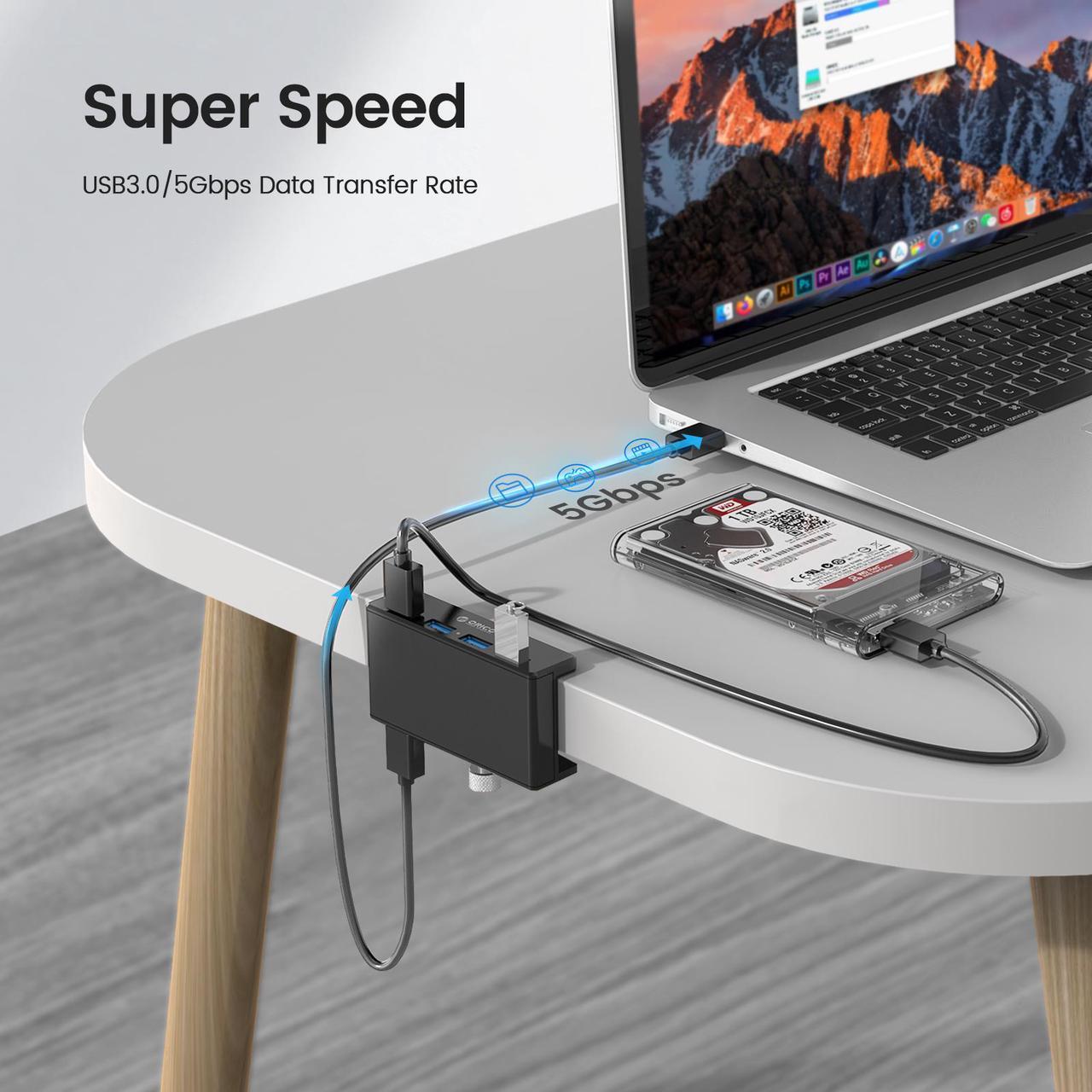 Alt view image 7 of 7 - ORICO USB 3.0 HUB, Monitor-Edge and Desk-Edge USB 3.0 4-Port Clip-Type Hub, Extra Power Supply, Space-Saving, Compact USB 3.0 Clamp Hub, Ultra-Portable Travel Hub for Laptop