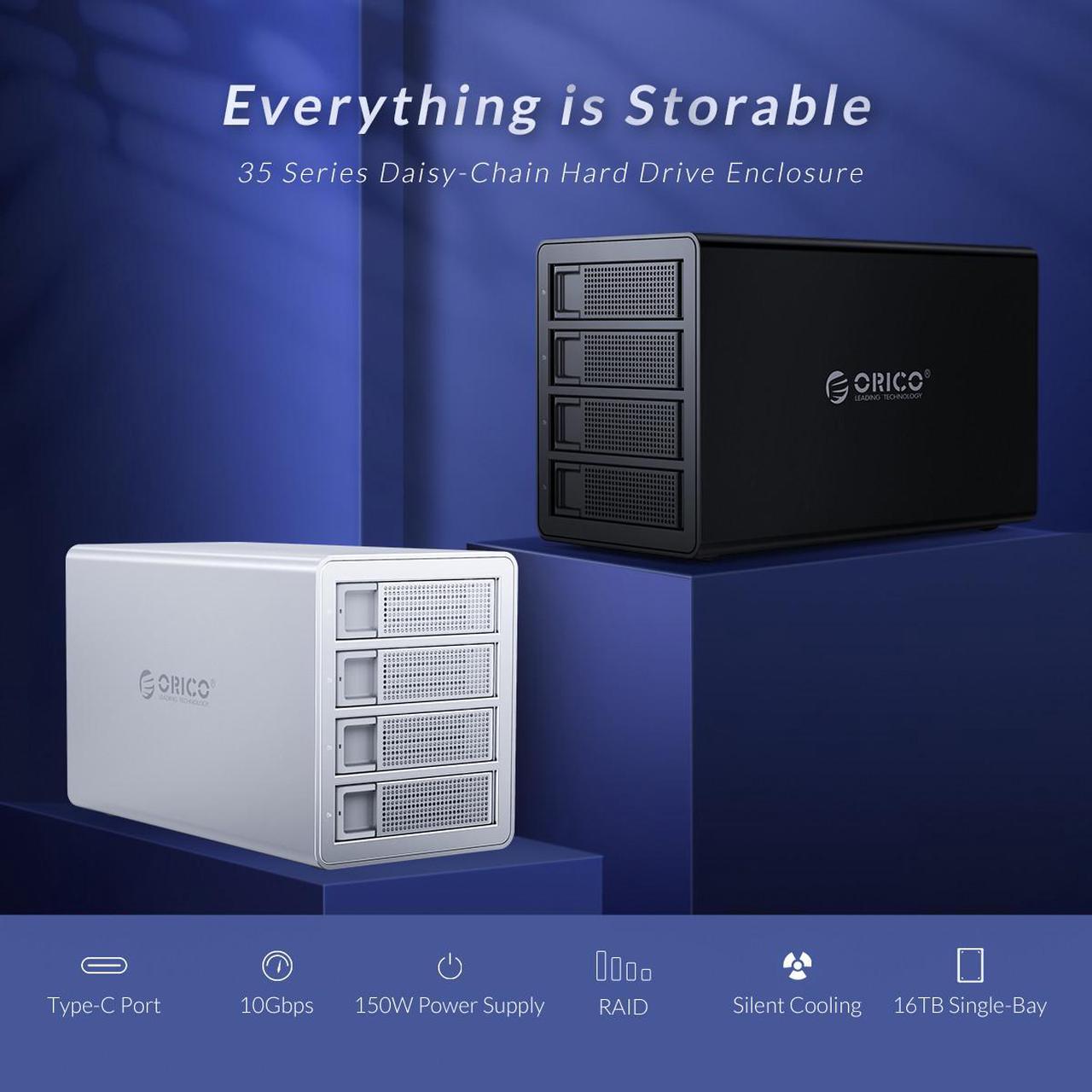Alt view image 2 of 7 - ORICO 4 Bay Daisy Chain Hard Drive Enclosure Aluminum USB3.1 Gen2 10Gbps Type-C Hard Drive Docking Station for 2.5/3.5 HDD SSD Support Storage Expansion Up to 192 TB for Data Storage