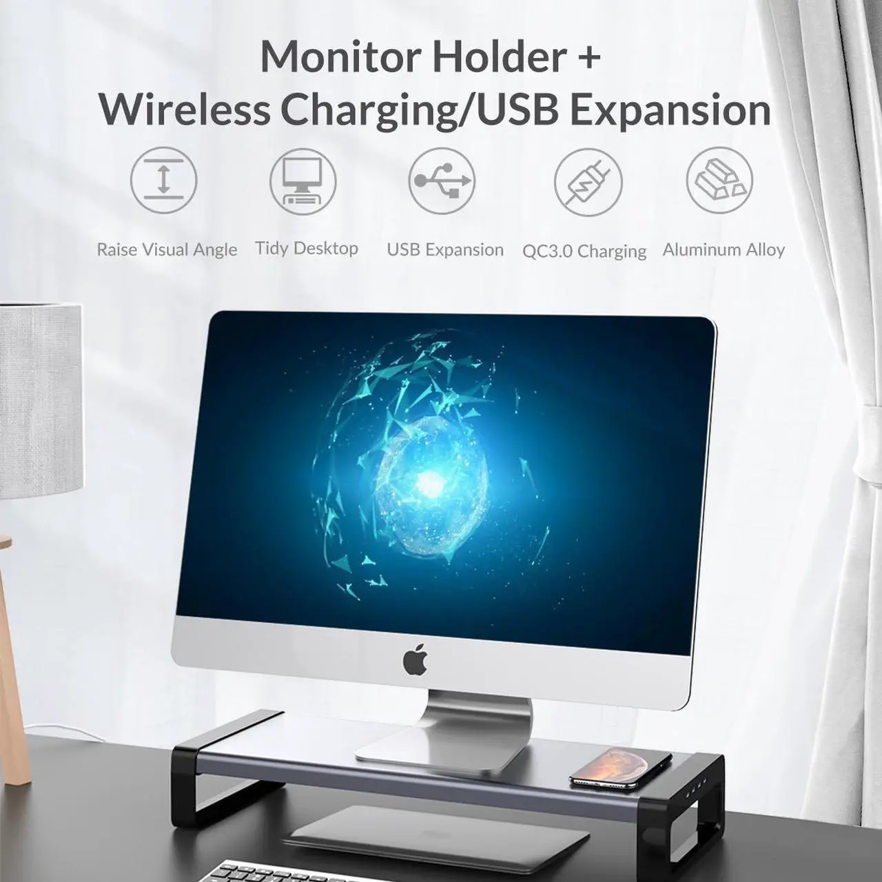 Alt view image 4 of 7 - ORICO Aluminum Monitor Stand Riser with USB3.0 HUB 1x QC 3.0 Port Universal Computer Stand Holder Desk Organizer for PC Laptop Notebook MacBook with Storage Organizer Space