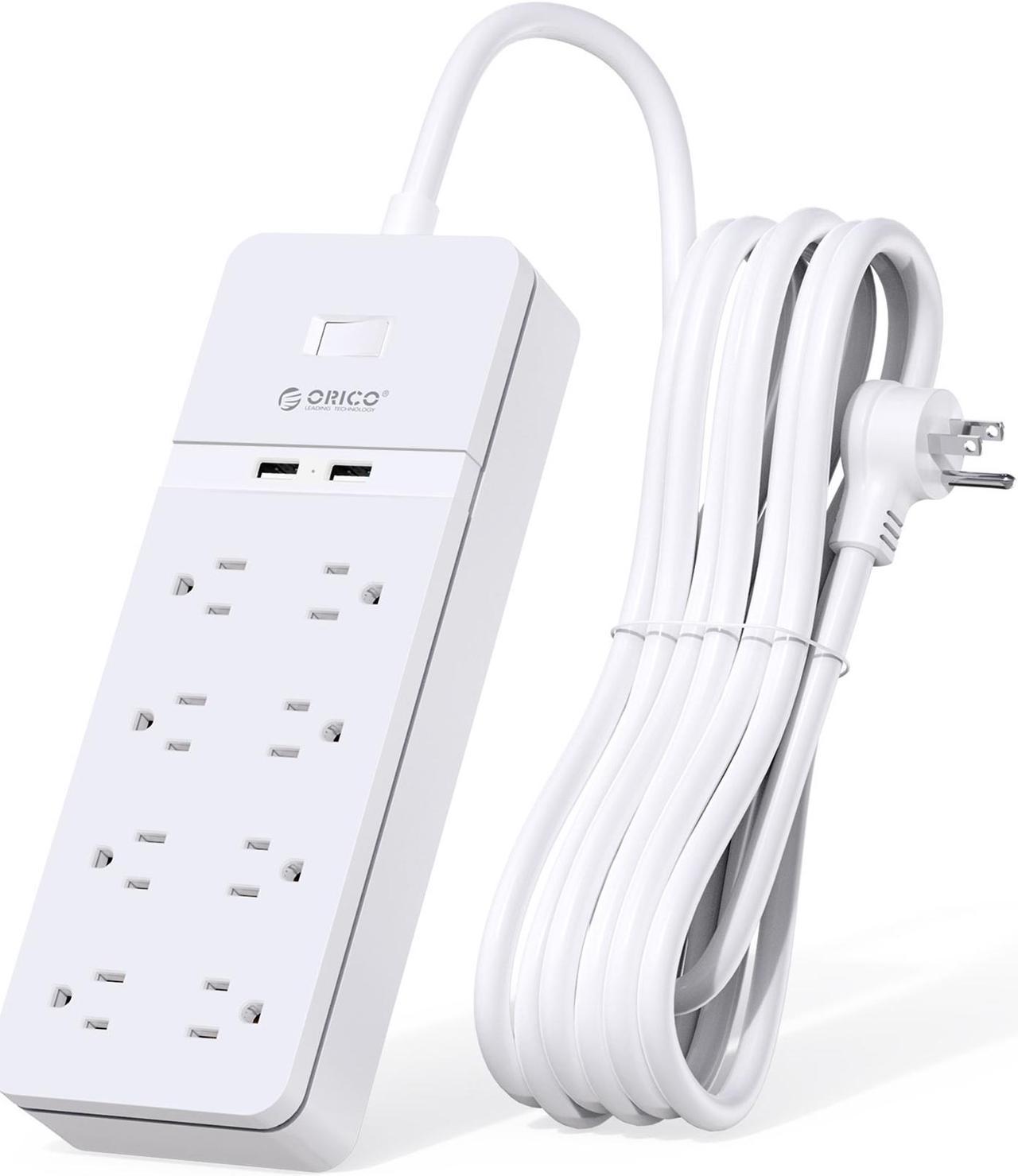 ORICO 25 FT Extension Cord  8 Outlets & 2 Quick Charge USB Ports with 45° Right Angle Flat Plug Extension Cord for iPhone XS/XS Max/XR/X, Galaxy,for Home, Office Wall Mount  (White)