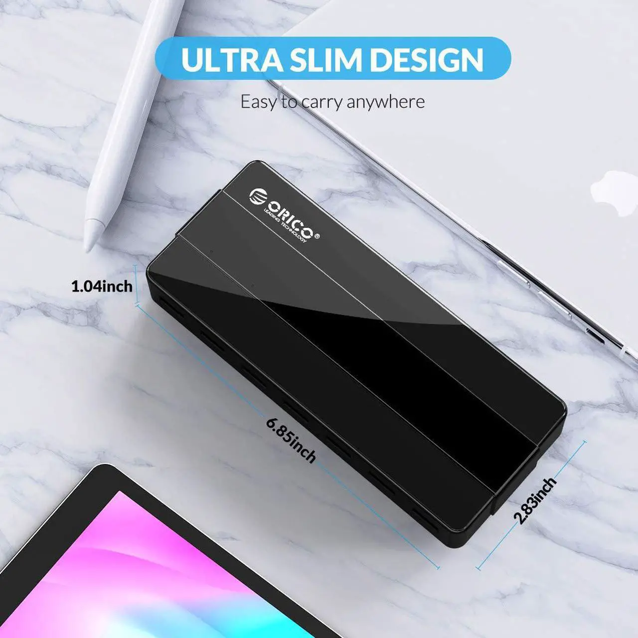 Alt view image 8 of 7 - Powered 7-Port USB 3.0 Hub, ORICO USB Data Hub with 12V Power Adapter, Multi USB 3.0 Splitter with 3.3 Ft Long USB Cable for PC, Laptop, Keyboard, Mouse, HDDs and More-Black