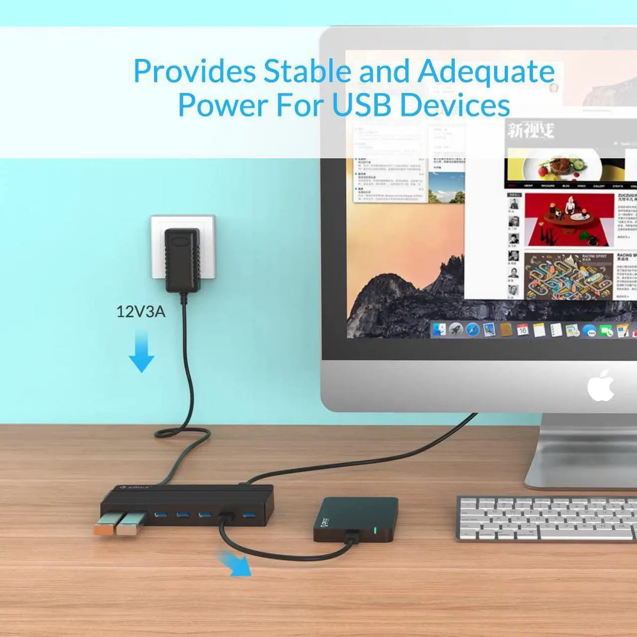 Alt view image 6 of 7 - Powered 7-Port USB 3.0 Hub, ORICO USB Data Hub with 12V Power Adapter, Multi USB 3.0 Splitter with 3.3 Ft Long USB Cable for PC, Laptop, Keyboard, Mouse, HDDs and More-Black