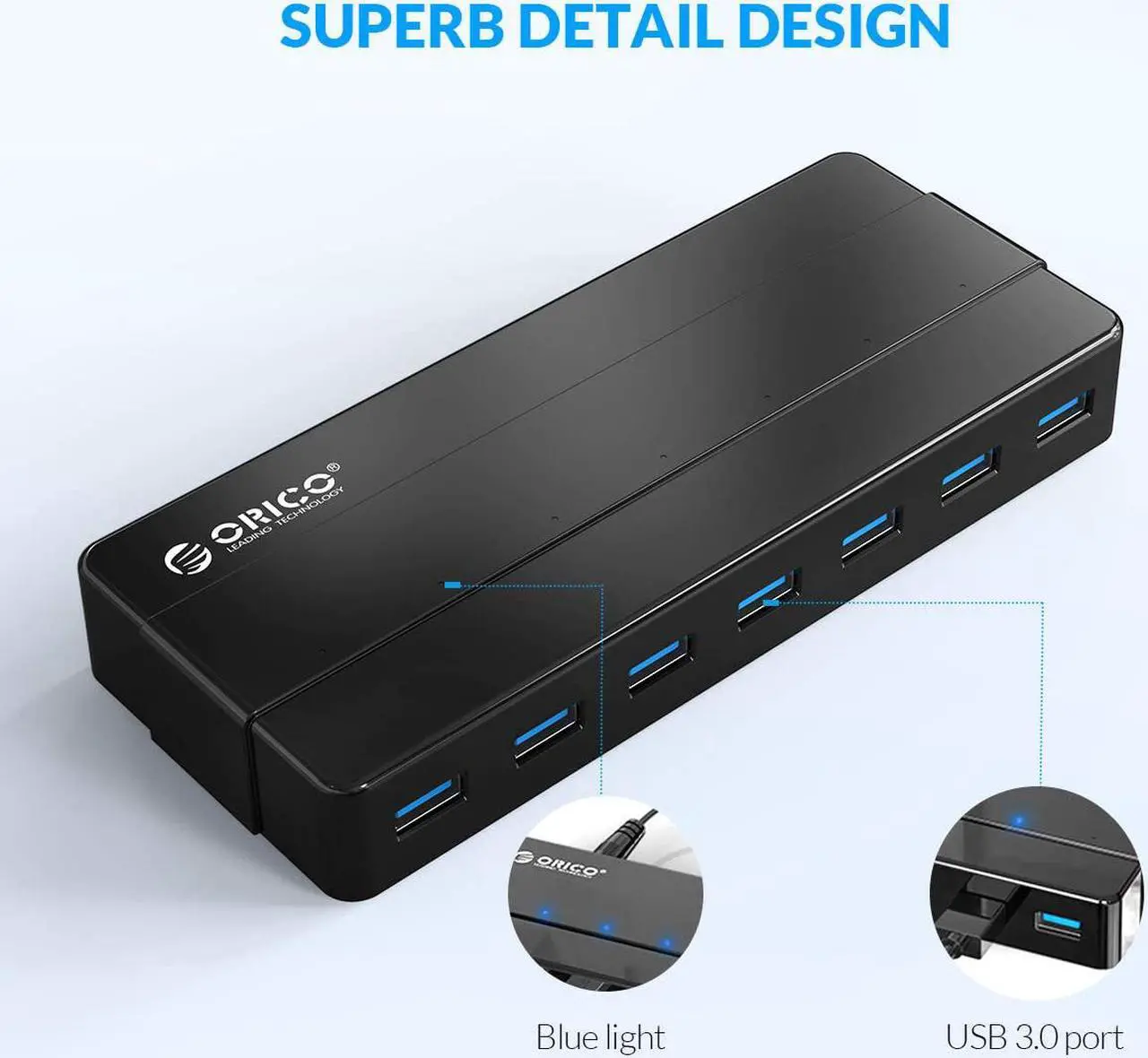 Alt view image 5 of 7 - Powered 7-Port USB 3.0 Hub, ORICO USB Data Hub with 12V Power Adapter, Multi USB 3.0 Splitter with 3.3 Ft Long USB Cable for PC, Laptop, Keyboard, Mouse, HDDs and More-Black