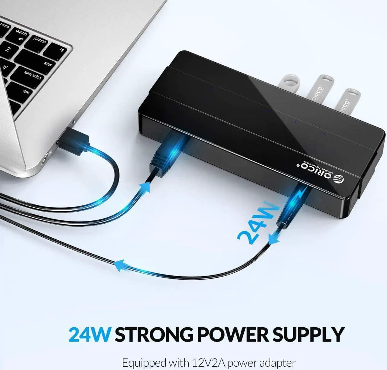 Alt view image 7 of 7 - Powered 7-Port USB 3.0 Hub, ORICO USB Data Hub with 12V Power Adapter, Multi USB 3.0 Splitter with 3.3 Ft Long USB Cable for PC, Laptop, Keyboard, Mouse, HDDs and More-Black