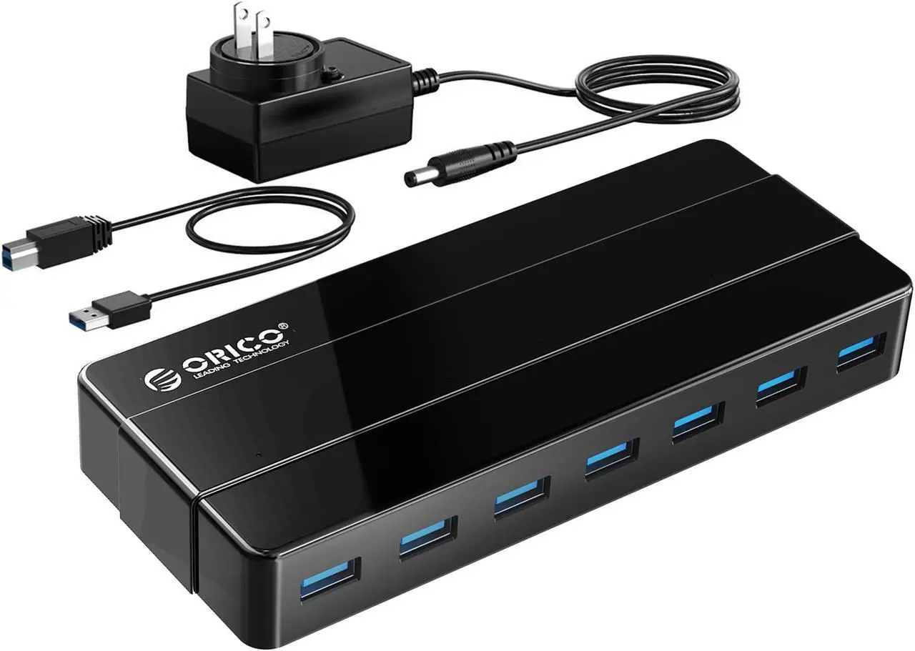 Main image of Powered 7-Port USB 3.0 Hub, ORICO USB Data Hub with 12V Power Adapter, Multi USB 3.0 Splitter with 3.3 Ft Long USB Cable for PC, Laptop, Keyboard, Mouse, HDDs and More-Black