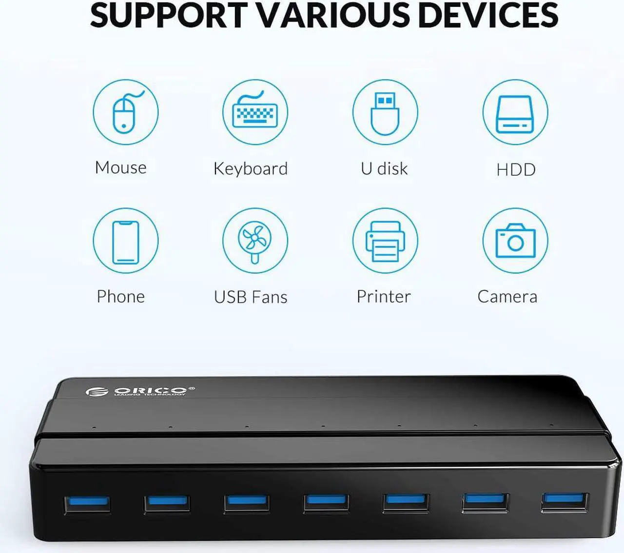 Alt view image 4 of 7 - Powered 7-Port USB 3.0 Hub, ORICO USB Data Hub with 12V Power Adapter, Multi USB 3.0 Splitter with 3.3 Ft Long USB Cable for PC, Laptop, Keyboard, Mouse, HDDs and More-Black