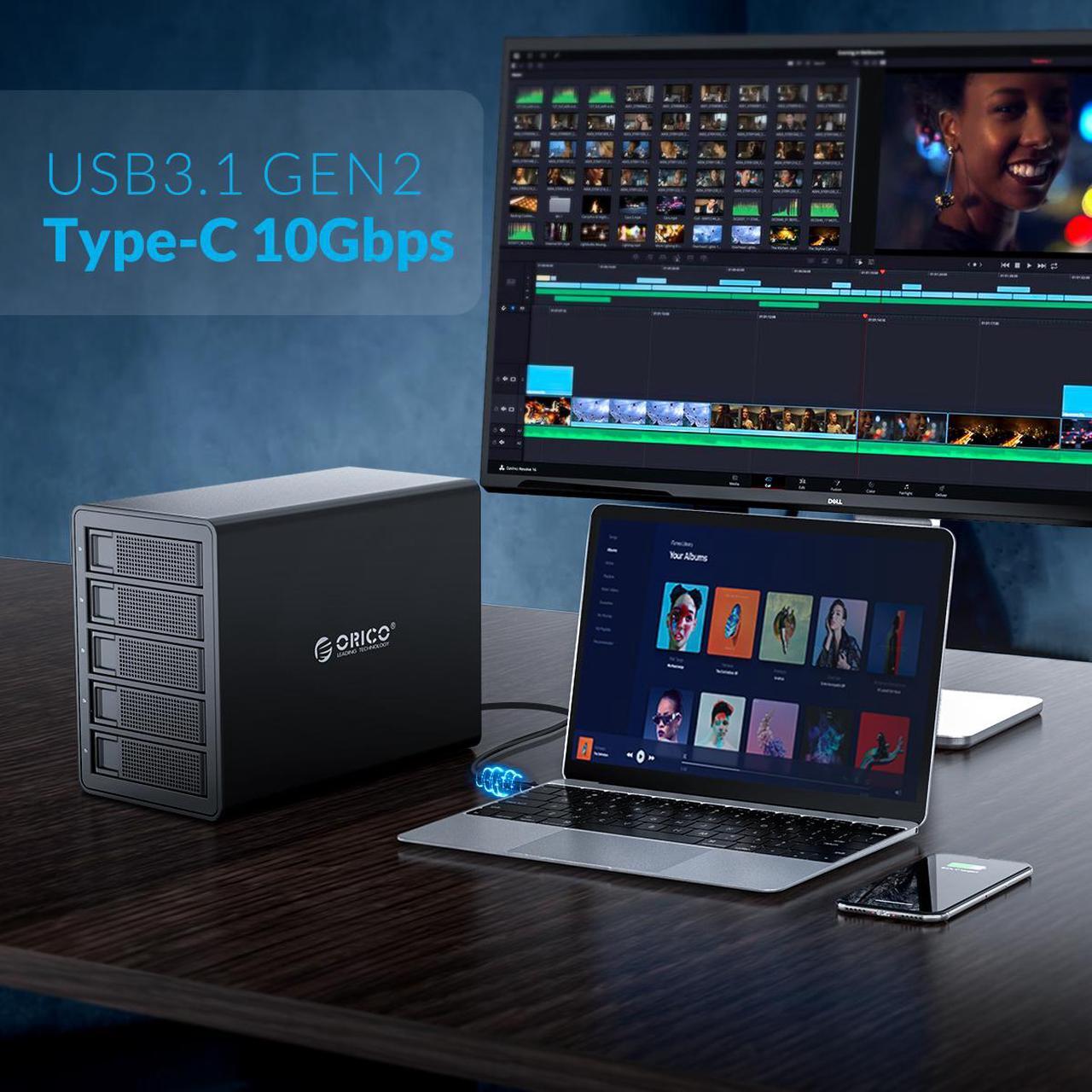 Alt view image 4 of 7 - ORICO 5 Bay Hard Drive Enclosure Full Aluminum Type-C USB 3.1 Gen2 (10Gbp/s)  2.5/3.5 inch HDD SSD for Enterprise Class Data Storage, Support Daisy Chain 3559C3