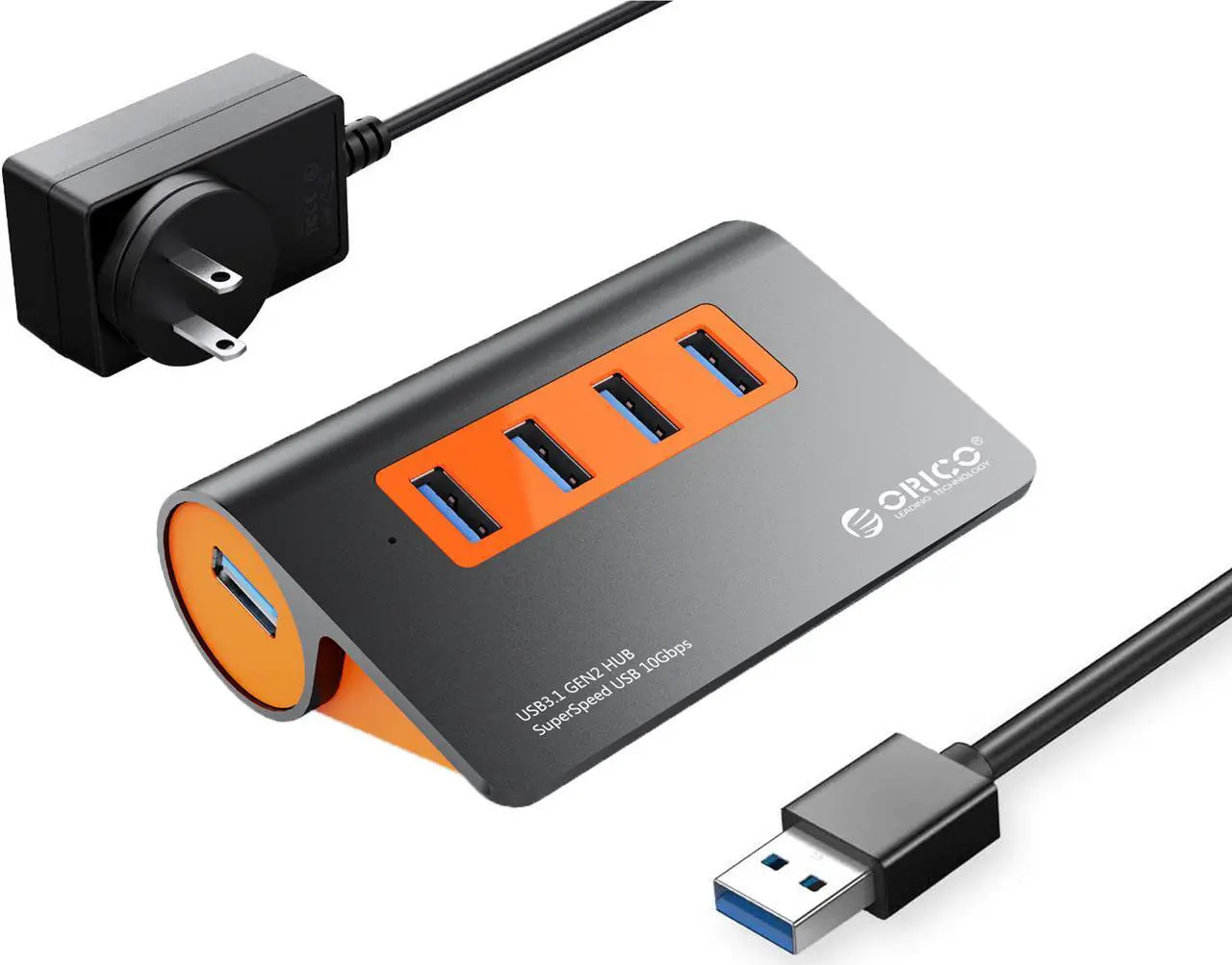 Main image of ORICO Powered USB Hub, 4 Ports Powered USB 3.1 Aluminum Data Hub, 10 Gbps SuperSpeed USB Splitter with 12V/2.5A Power Adapter for Desktop PC/Laptop, Phones, and More