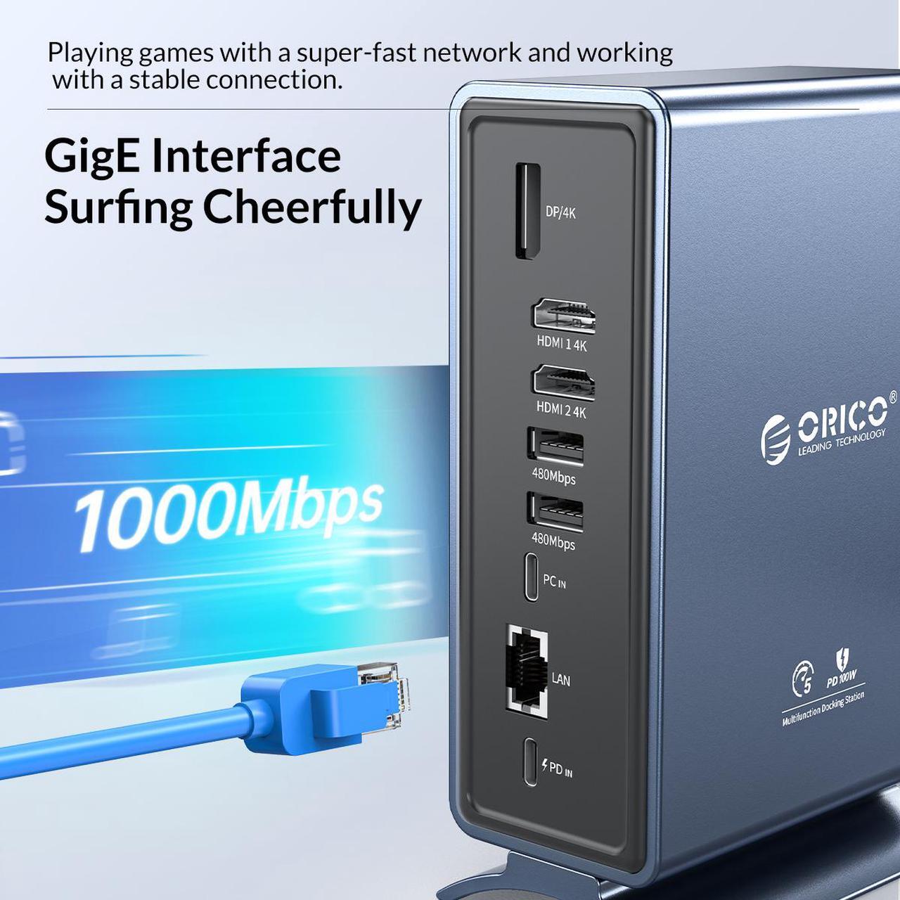 Alt view image 5 of 7 - 15in1 USB C Dock, ORICO USB C Docking Station for MacBook Pro M1, Mac, Window with Dual 4K HDMI-Compatible, 8 USB Ports, DP, 100W PD, RJ45, 3.5mm Audio, TF/SD Triple Extended Display for macOS