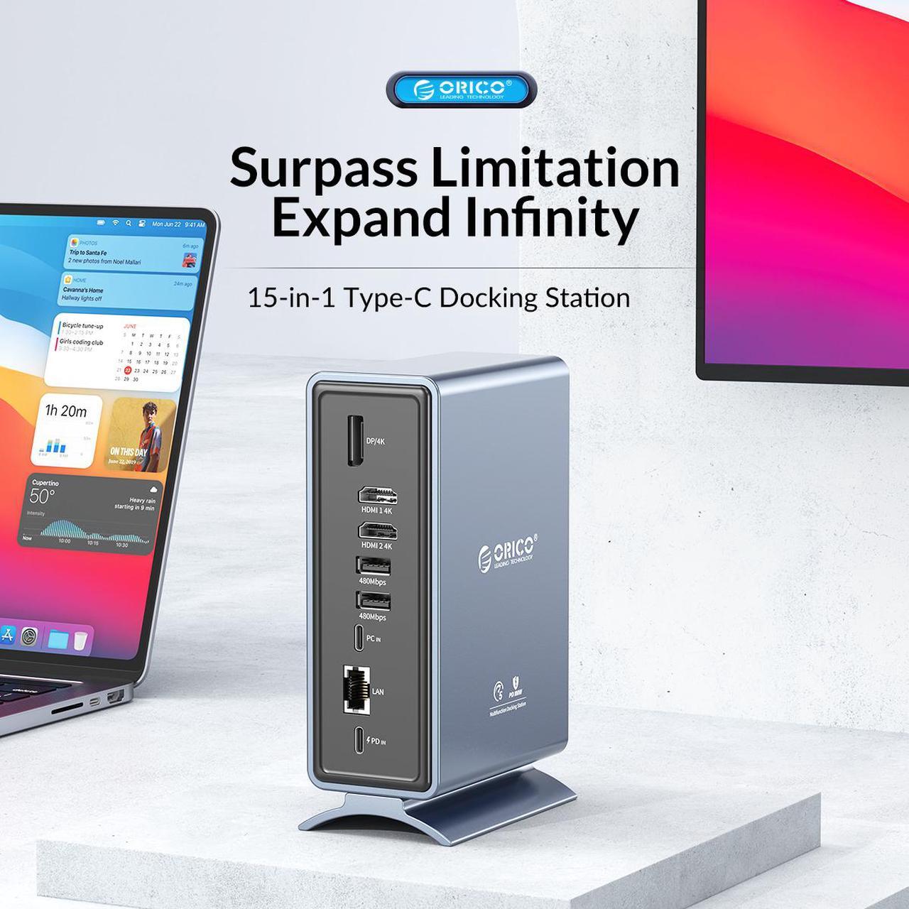 Alt view image 3 of 7 - 15in1 USB C Dock, ORICO USB C Docking Station for MacBook Pro M1, Mac, Window with Dual 4K HDMI-Compatible, 8 USB Ports, DP, 100W PD, RJ45, 3.5mm Audio, TF/SD Triple Extended Display for macOS