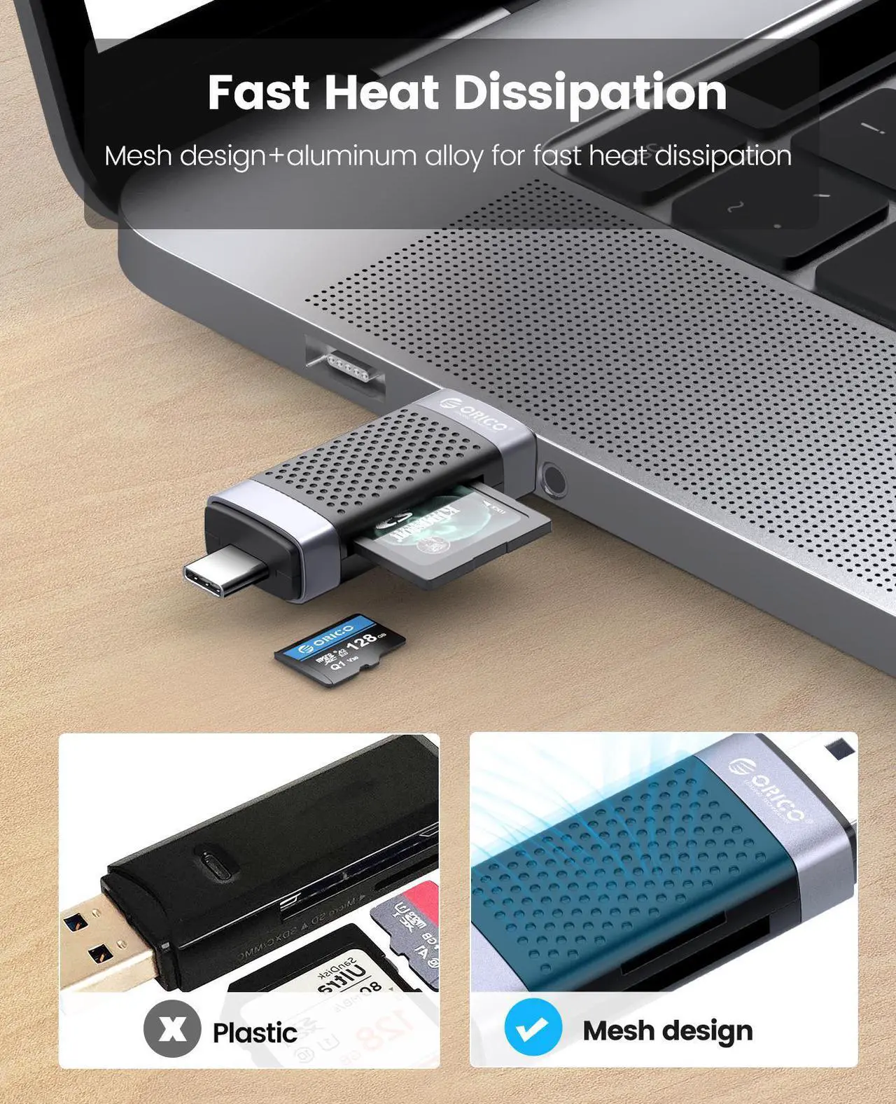 Alt view image 7 of 7 - ORICO Type C USB2.0 SD TF Card Reader Memory Portable Smart Card Reader to SDXC, SDHC, MMC Memory Card Adapter PC Laptop Accessories