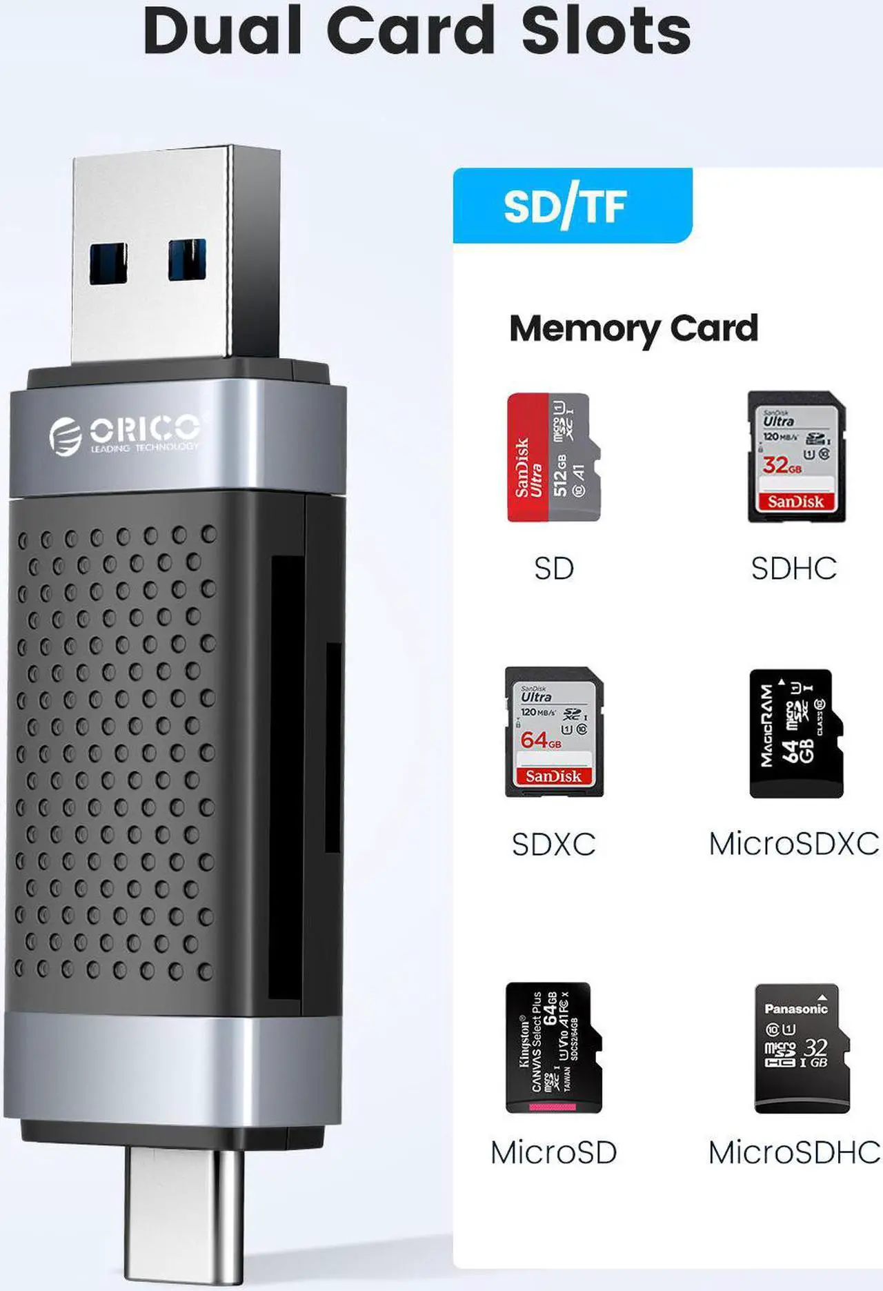 Alt view image 3 of 7 - ORICO Type C USB2.0 SD TF Card Reader Memory Portable Smart Card Reader to SDXC, SDHC, MMC Memory Card Adapter PC Laptop Accessories