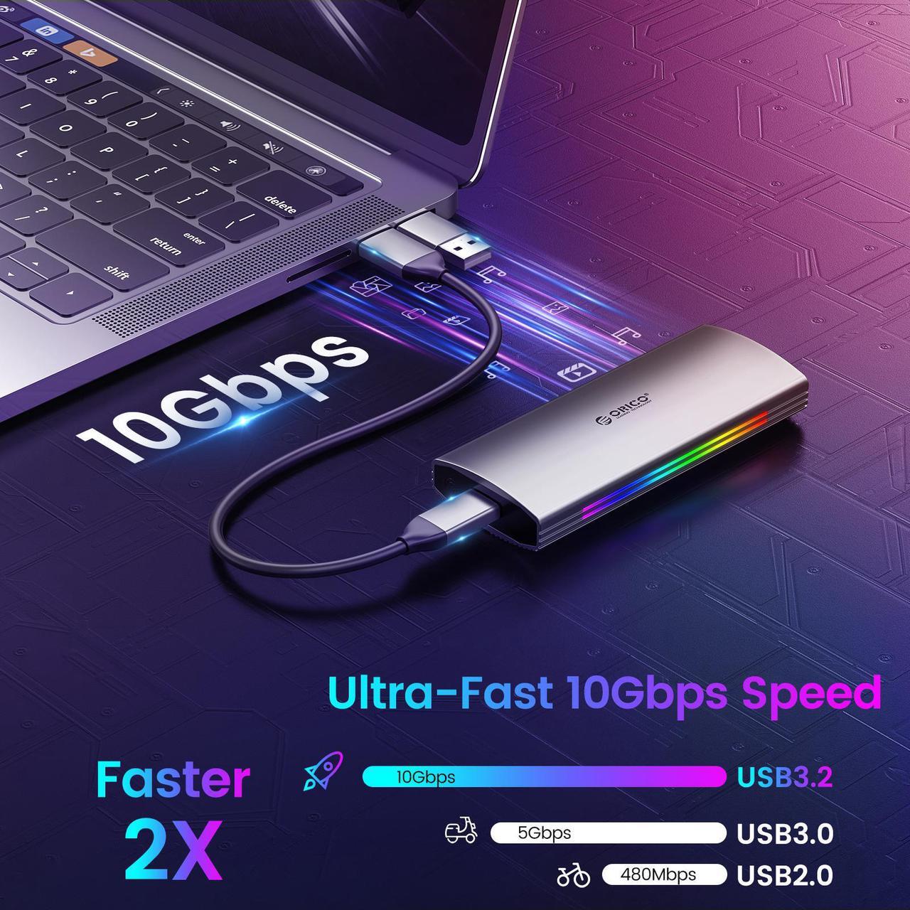 Alt view image 2 of 7 - ORICO M.2 RGB NVMe SSD Enclosure Aluminum Alloy USB 3.1 Gen2 Type-C 10Gbps Support UASP for NVMe SSD Size 2230/2242/2260/2280 - Gray