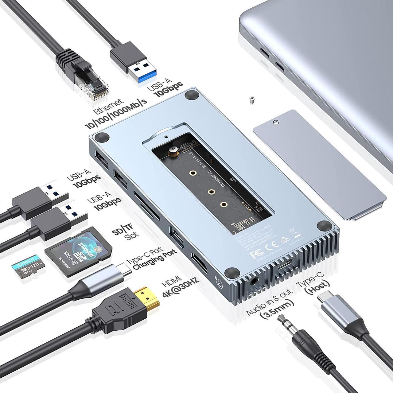 ORICO USB-C Docking Station with M.2 NVMe SSD Enclosure(Max 4TB), 9-in-1 USB-C Hub Adapter,  PD 100W, 3 x 10Gbps USB3.1 USB-A, Type-C, 4K HDMI, TF/SD, Ethernet RJ45, Audio for MacBook/ Dell/HP Laptops