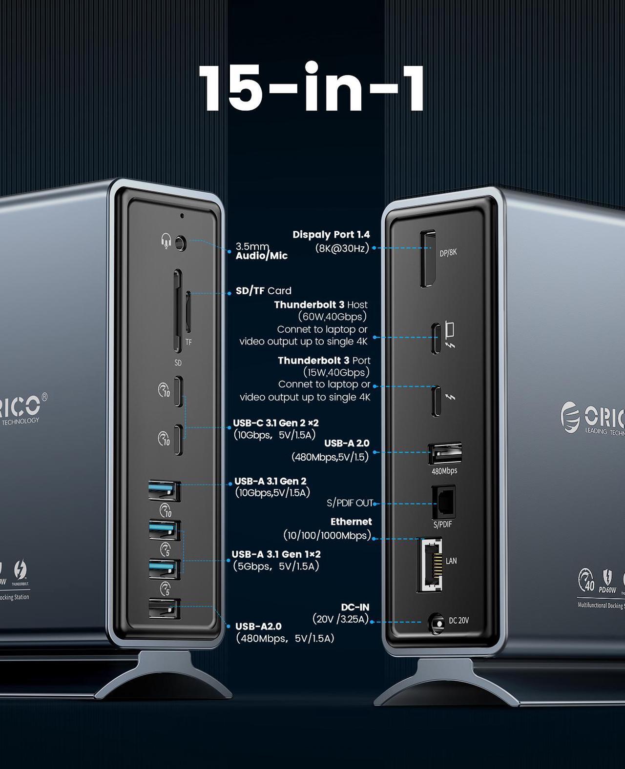 Alt view image 2 of 7 - Thunderbolt 3 Docking Station, ORICO 15 in 1 Thunderbolt 3 Dock with Single 8K & Dual 4K Display, DP1.4, 3 USB 10Gbps, Optical Out, SD/TF, Audio, RJ45 for Thunderbolt 3, USB-C Windows/Mac(Grey)
