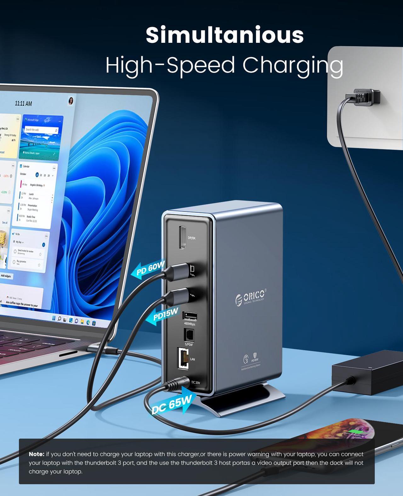 Alt view image 4 of 7 - Thunderbolt 3 Docking Station, ORICO 15 in 1 Thunderbolt 3 Dock with Single 8K & Dual 4K Display, DP1.4, 3 USB 10Gbps, Optical Out, SD/TF, Audio, RJ45 for Thunderbolt 3, USB-C Windows/Mac(Grey)