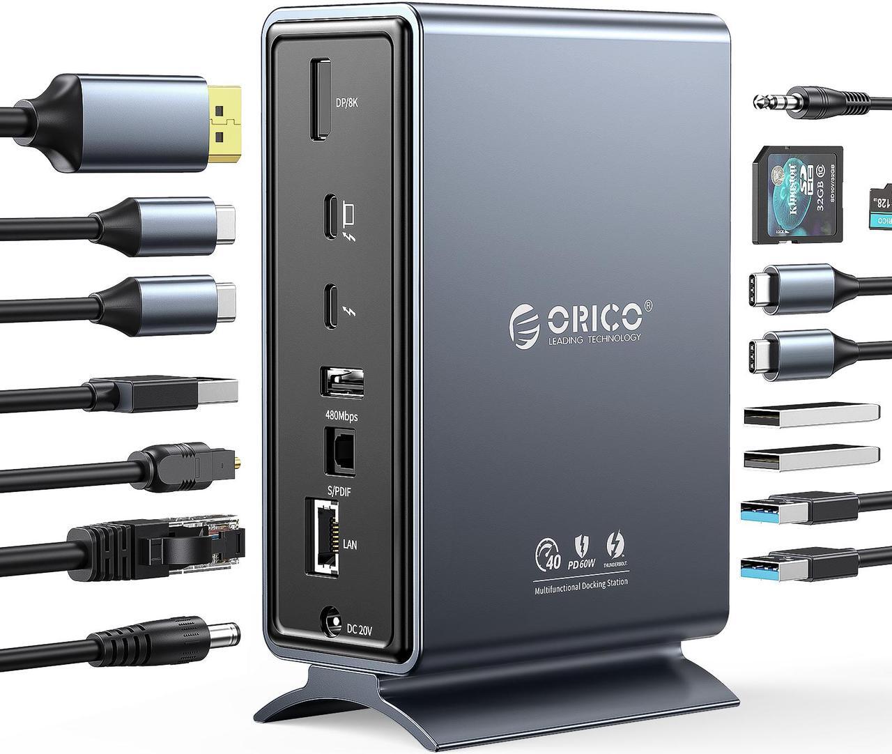 Main image of Thunderbolt 3 Docking Station, ORICO 15 in 1 Thunderbolt 3 Dock with Single 8K & Dual 4K Display, DP1.4, 3 USB 10Gbps, Optical Out, SD/TF, Audio, RJ45 for Thunderbolt 3, USB-C Windows/Mac(Grey)