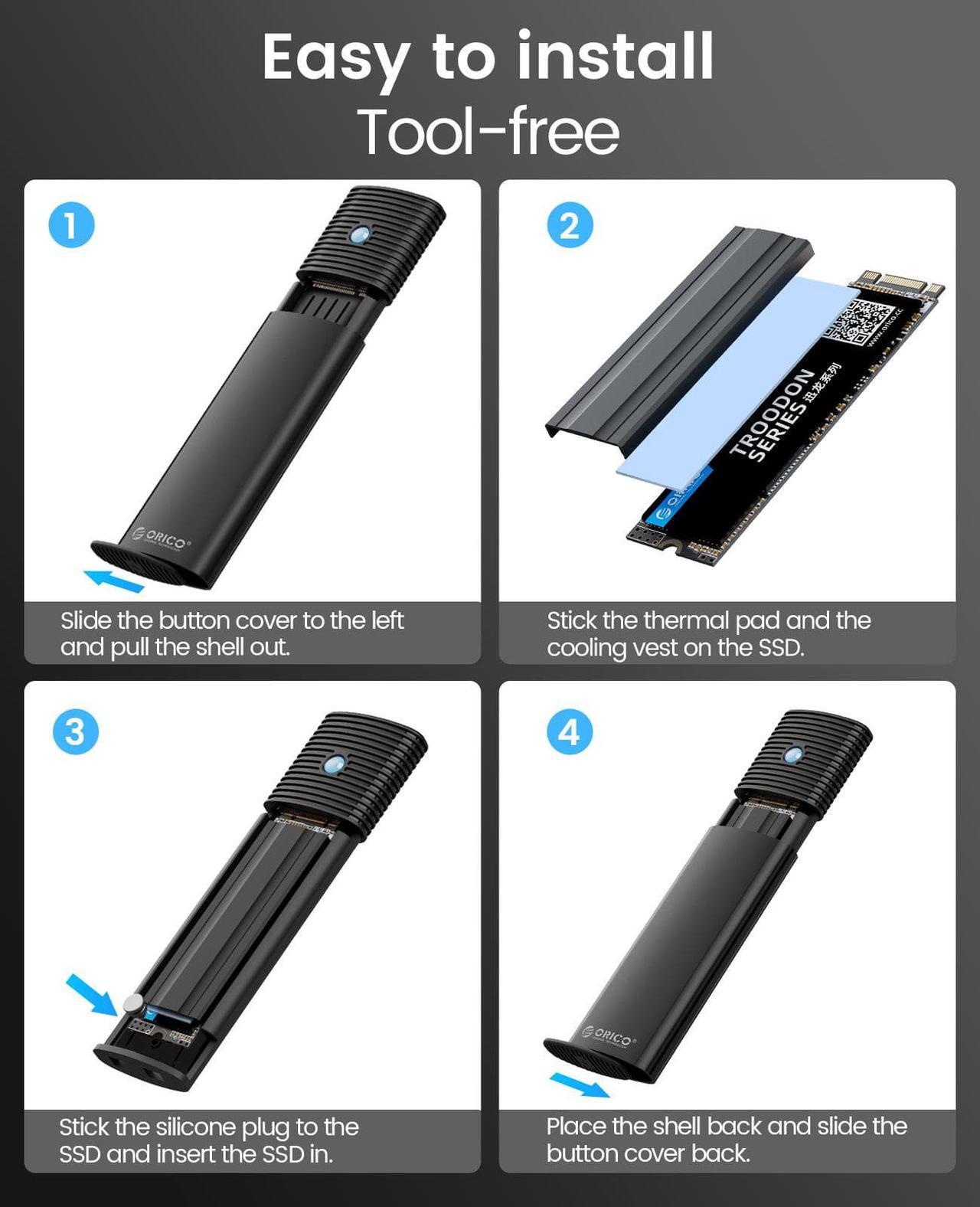 Alt view image 6 of 7 - ORICO Aluminum M.2 NVMe SSD Enclosure, Tool-Free 10Gbps USB C Adapter, USB 3.2 M.2 NVMe Reader, External SSD Case Thunderbolt 3 Compatible, Supports 4TB 2230/2242/2260/2280 PCIe M-Key SSDs-PWM2-BK