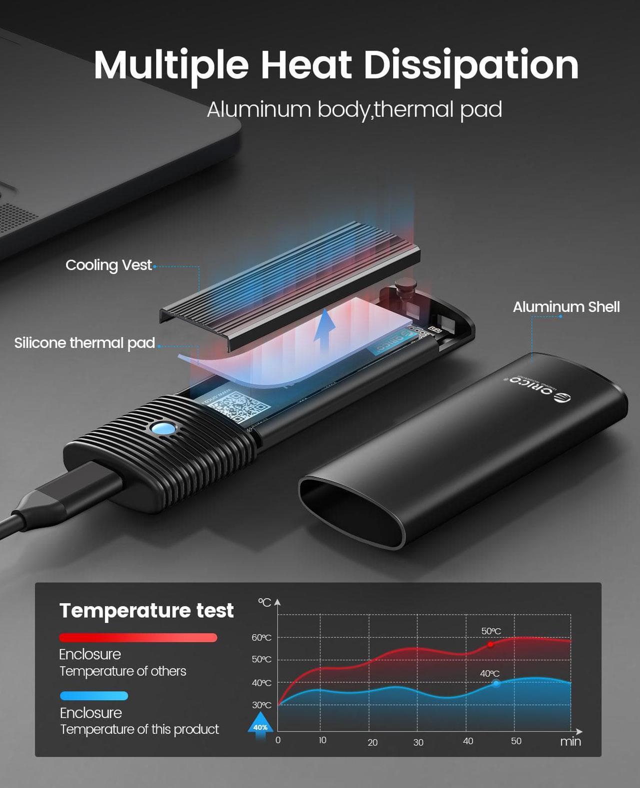 Alt view image 3 of 7 - ORICO Aluminum M.2 NVMe SSD Enclosure, Tool-Free 10Gbps USB C Adapter, USB 3.2 M.2 NVMe Reader, External SSD Case Thunderbolt 3 Compatible, Supports 4TB 2230/2242/2260/2280 PCIe M-Key SSDs-PWM2-BK