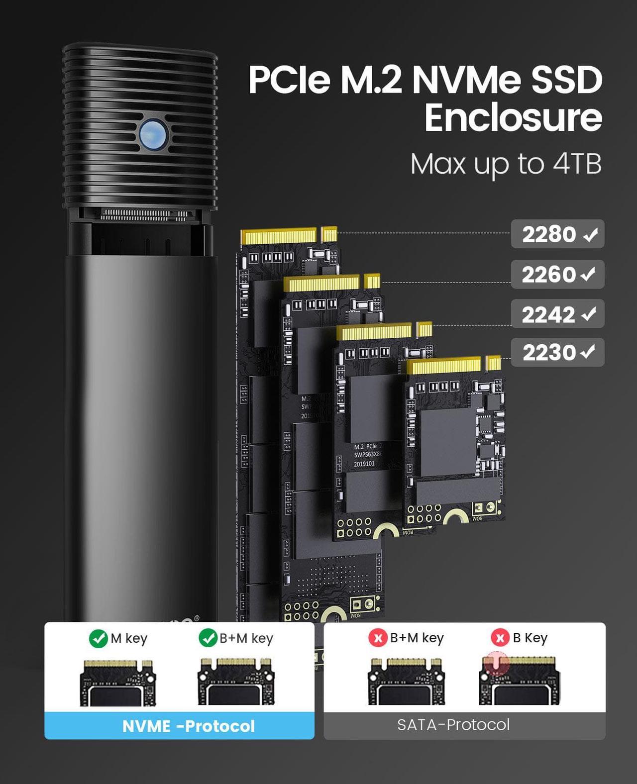 Alt view image 5 of 7 - ORICO Aluminum M.2 NVMe SSD Enclosure, Tool-Free 10Gbps USB C Adapter, USB 3.2 M.2 NVMe Reader, External SSD Case Thunderbolt 3 Compatible, Supports 4TB 2230/2242/2260/2280 PCIe M-Key SSDs-PWM2-BK