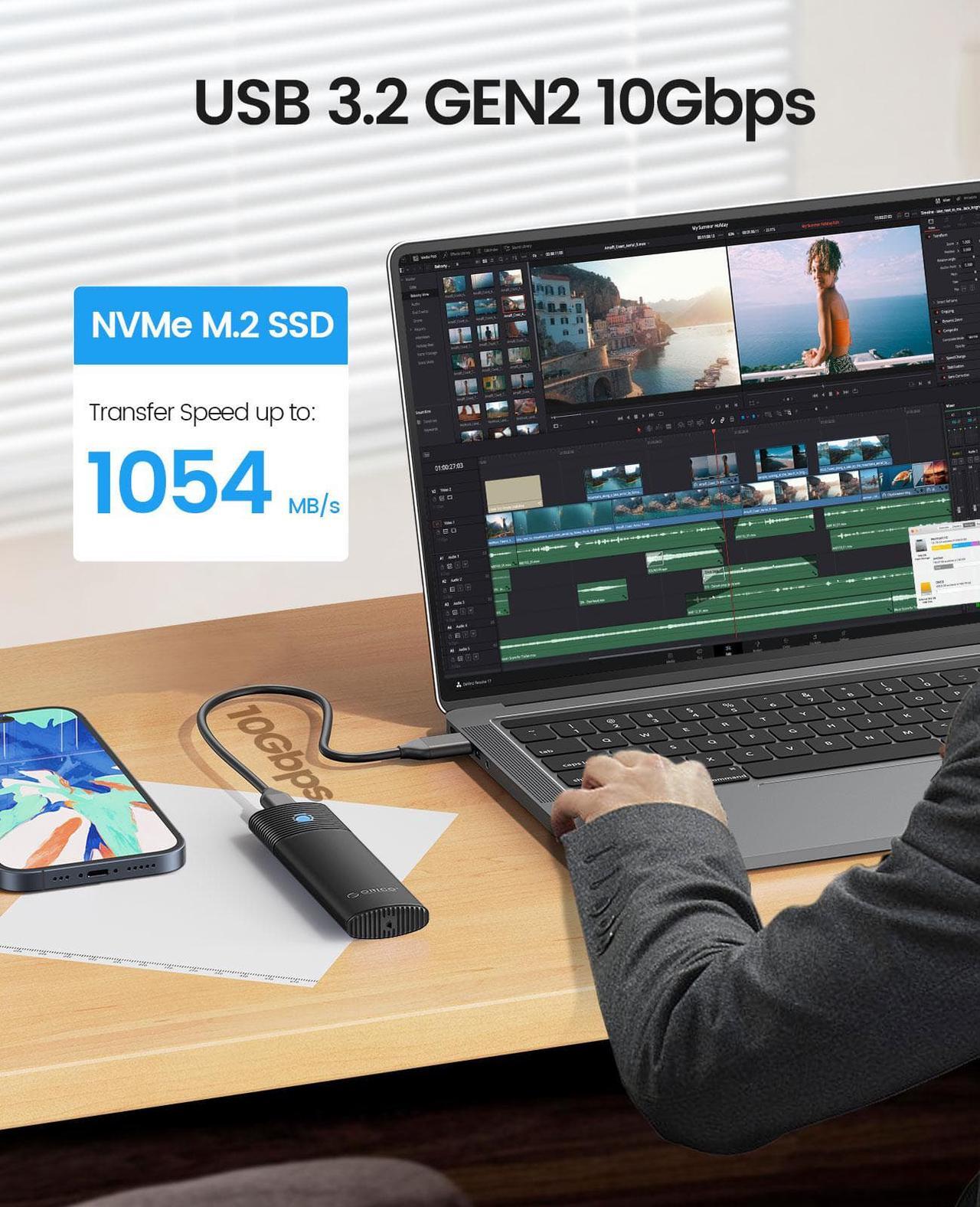 Alt view image 2 of 7 - ORICO Aluminum M.2 NVMe SSD Enclosure, Tool-Free 10Gbps USB C Adapter, USB 3.2 M.2 NVMe Reader, External SSD Case Thunderbolt 3 Compatible, Supports 4TB 2230/2242/2260/2280 PCIe M-Key SSDs-PWM2-BK