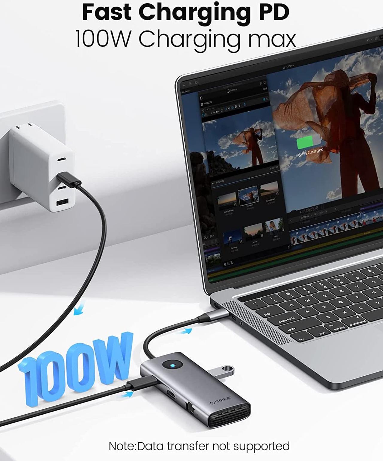 Alt view image 4 of 7 - USB C Hub, ORICO 8-in-1 USB C Docking Station with 4K HDMI-Compatible, 100W Power Delivery, 2 USB Port 5 Gbps, SD&TF, 3.5mm Audio, Gigabit Ethernet Type C Multiport Adapter for Windows Mac(Grey)