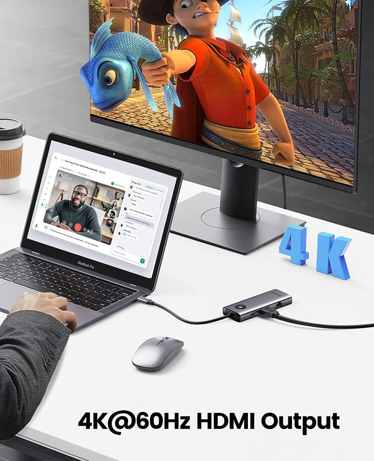 Alt view image 3 of 7 - USB C Hub, ORICO 8-in-1 USB C Docking Station with 4K HDMI-Compatible, 100W Power Delivery, 2 USB Port 5 Gbps, SD&TF, 3.5mm Audio, Gigabit Ethernet Type C Multiport Adapter for Windows Mac(Grey)