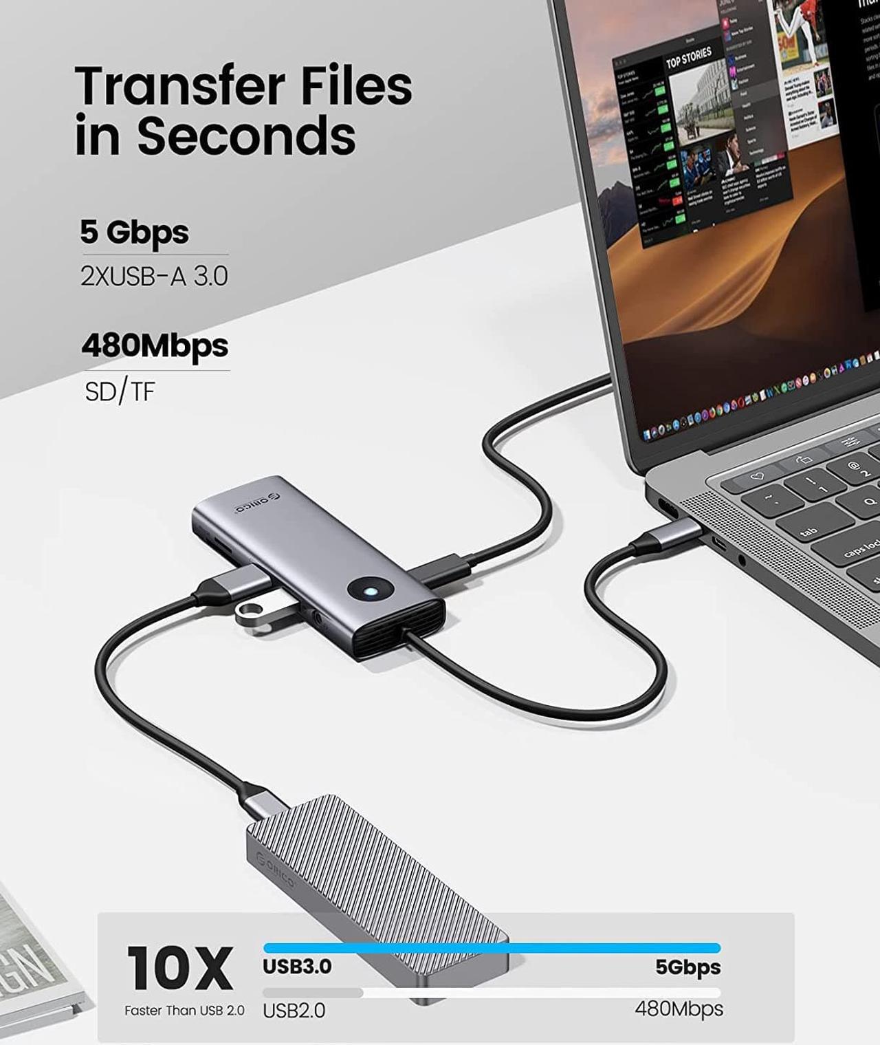 Alt view image 6 of 7 - USB C Hub, ORICO 8-in-1 USB C Docking Station with 4K HDMI-Compatible, 100W Power Delivery, 2 USB Port 5 Gbps, SD&TF, 3.5mm Audio, Gigabit Ethernet Type C Multiport Adapter for Windows Mac(Grey)