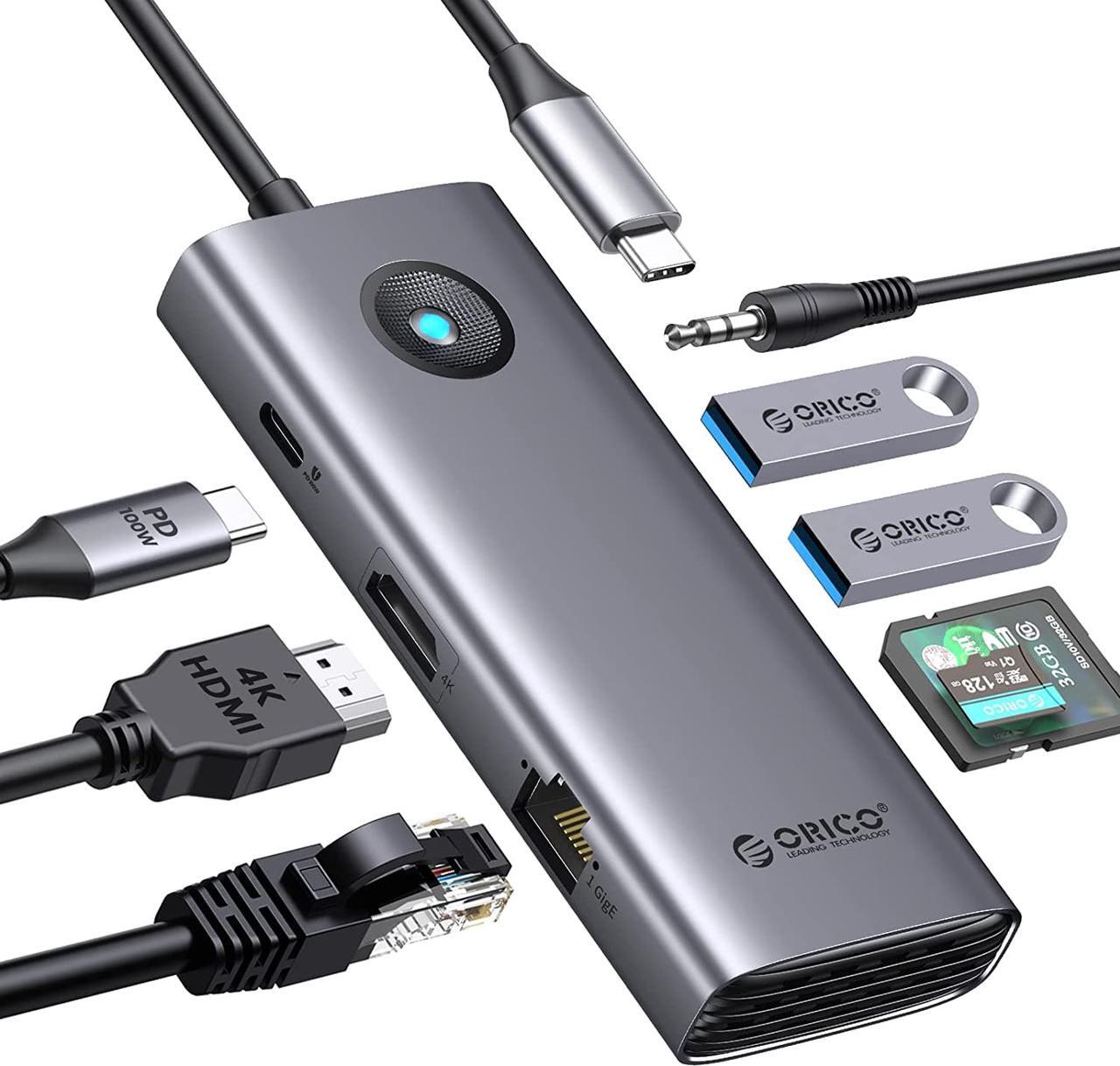 Main image of USB C Hub, ORICO 8-in-1 USB C Docking Station with 4K HDMI-Compatible, 100W Power Delivery, 2 USB Port 5 Gbps, SD&TF, 3.5mm Audio, Gigabit Ethernet Type C Multiport Adapter for Windows Mac(Grey)