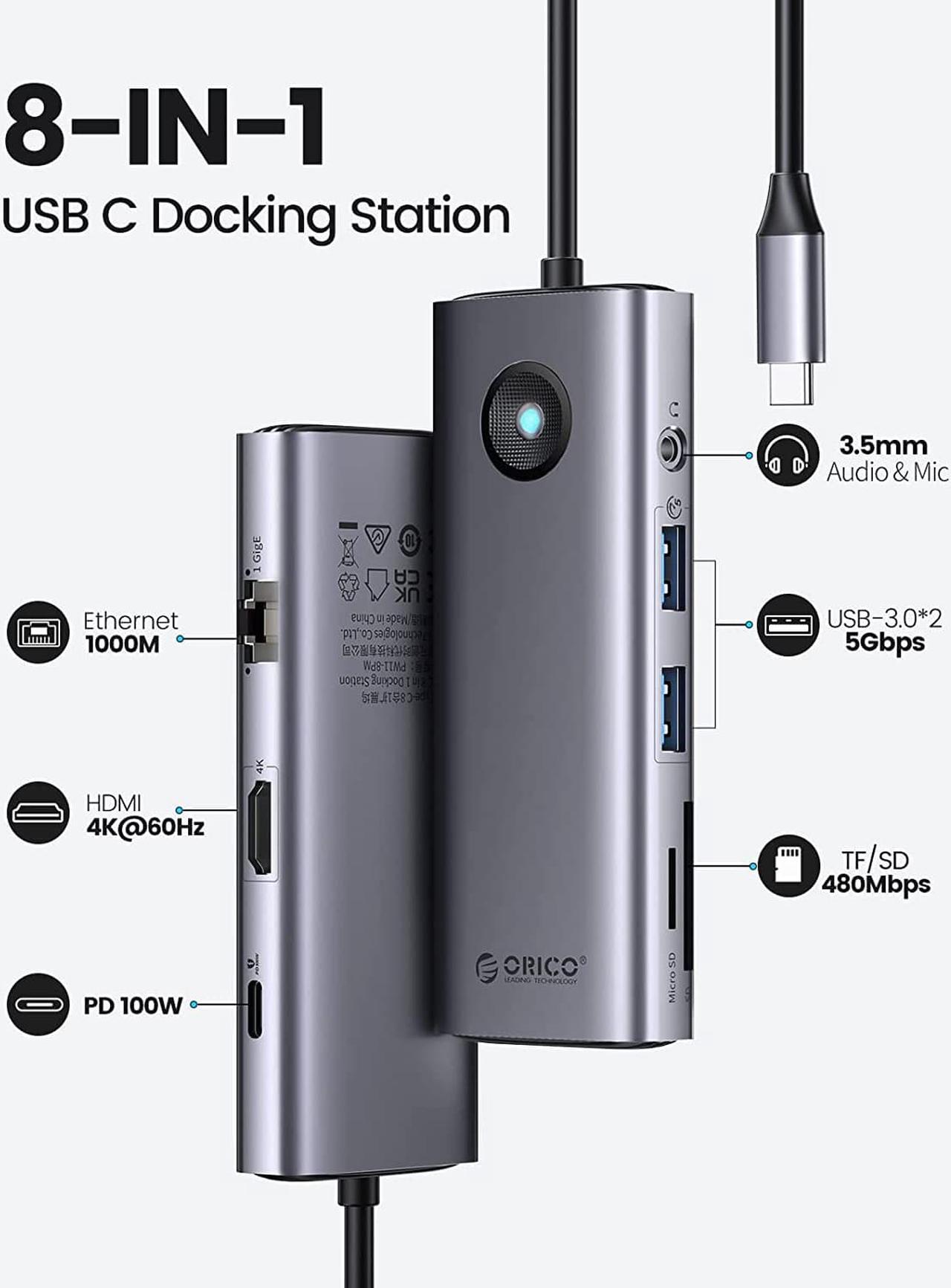 Alt view image 2 of 7 - USB C Hub, ORICO 8-in-1 USB C Docking Station with 4K HDMI-Compatible, 100W Power Delivery, 2 USB Port 5 Gbps, SD&TF, 3.5mm Audio, Gigabit Ethernet Type C Multiport Adapter for Windows Mac(Grey)