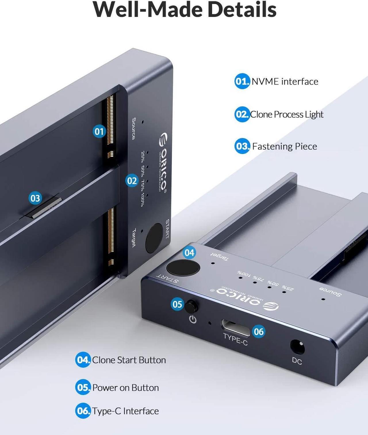 Alt view image 4 of 7 - ORICO M.2 NVMe Cloner Dual-Bay NVMe Docking Station USB C to NVMe SSD Enclosure Aluminum M.2 Duplicator Offline Clone for PCIe M-Key SSDs Max 8TB Tool Free-M2P2