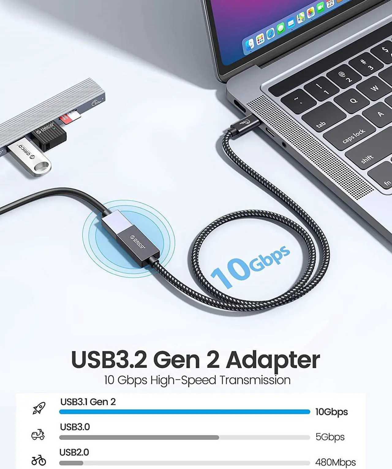 Alt view image 4 of 7 - 2-Pack ORICO USB C Male to USB A Female Cable, Type C to USB Adapter 10Gbps Data Sync, USB C Male to USB A 3.1 Gen 2 Converter with PD60W 5V 3A Charging for Laptop, Power Bank-0.3M 0.98ft