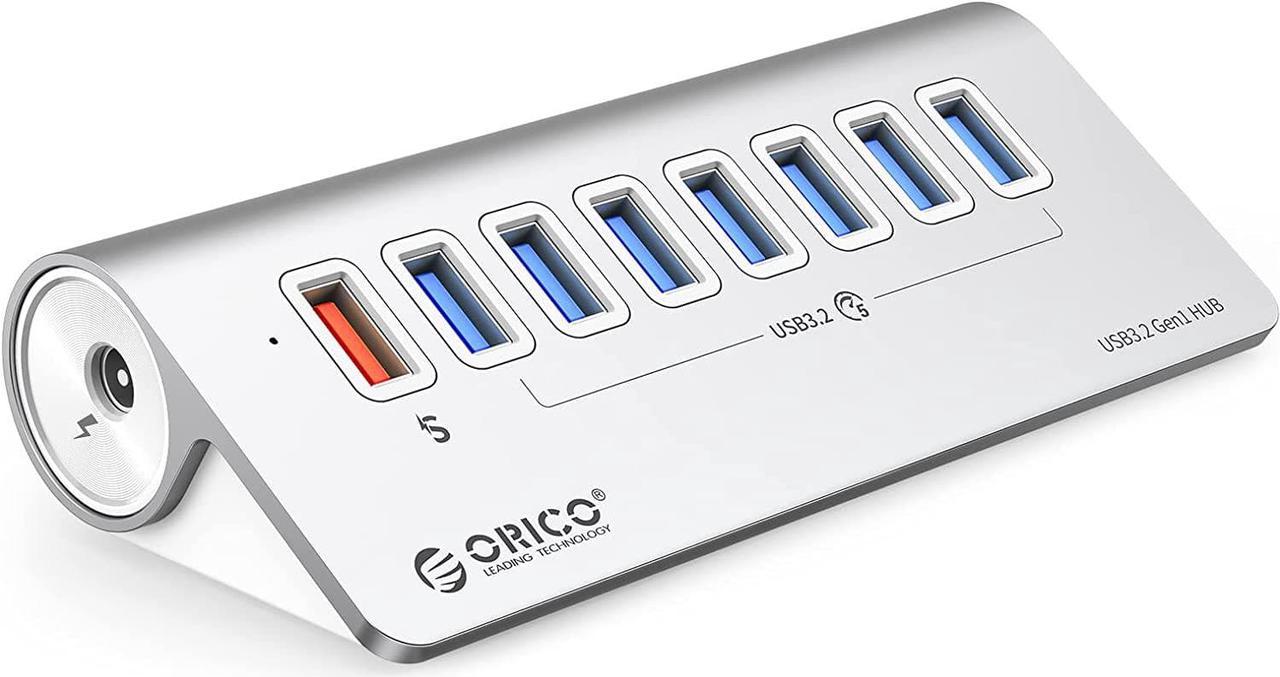 ORICO USB Hub 3.0 Powered 7 Ports Aluminum USB Hub Splitter [5Gbps] with 7 USB 3.0 Data Ports + 1 Fast Charging Ports 18W(5V/3A;9V/2A;12V/1.5A), 12V3A Power Adapter with 1.64Ft Cable