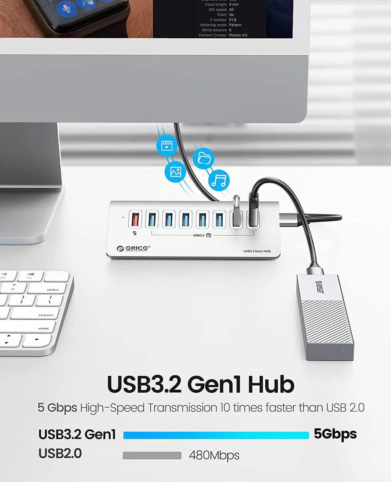 ORICO Hub USB 3.0, 4 Porte con Alimentatore 5V/2A - Splitter USB SuperVelocità 5Gbps in Alluminio, Compatibile con iMac, PS5, Hard Disk Esterni, Monitor, Tastiere e Dispositivi USB
