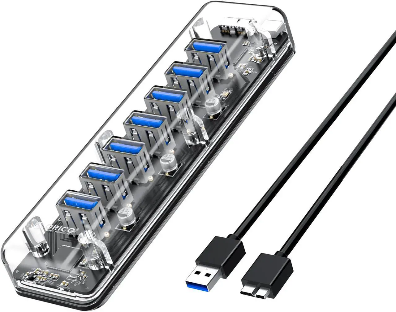 Main image of ORICO USB 3.0 Hub, 7 Ports USB3.0 Transparent Desktop HUB with Blue Indicator Light & Dual Port Power Supply, Mini Portable Hub for MacBook, Chromebook, Notebook PCs, iPhone, Smartphones - Clear