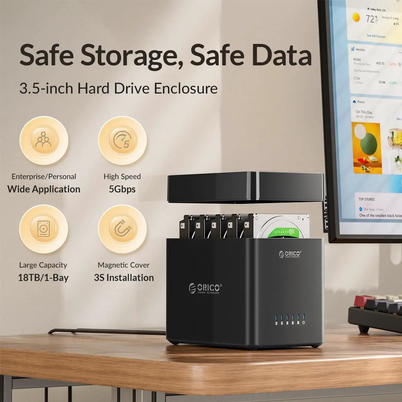 Alt view image 2 of 7 - ORICO 5Bay Hard Drive Enclosure USB 3.1 to SATA 3.5 inch Magnetic Tool-Free External HDD SSD Enclosure Storage Case Built-in Fan for Data Backup, NAS Expansion Up to 90TB(5x18)