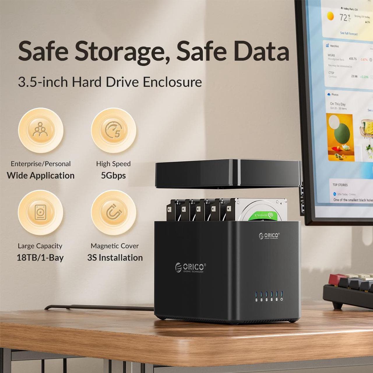 Alt view image 2 of 7 - ORICO 5 Bay Hard Drive Enclosure 3.5inch USB 3.0 to SATA Magnetic Tool-Free External SSD HDD Docking Station Case with Fan for Family Data Backup, Storage Expansion Up to 90TB (5x18)