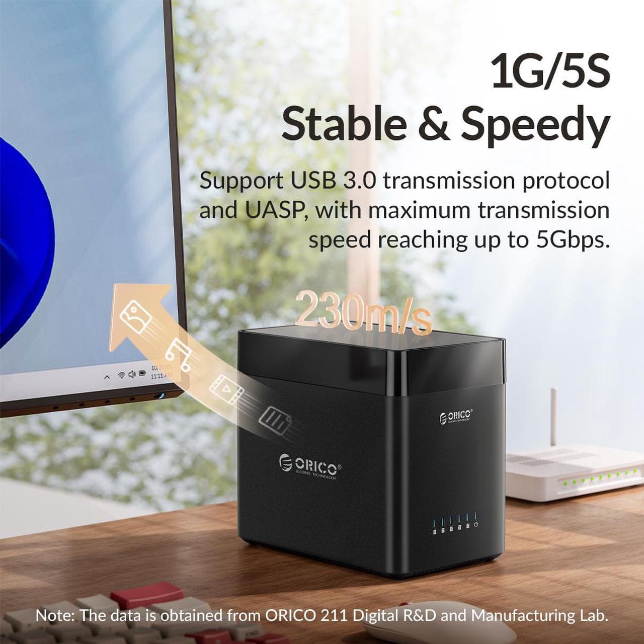 Alt view image 3 of 7 - ORICO 5 Bay Hard Drive Enclosure 3.5inch USB 3.0 to SATA Magnetic Tool-Free External SSD HDD Docking Station Case with Fan for Family Data Backup, Storage Expansion Up to 90TB (5x18)