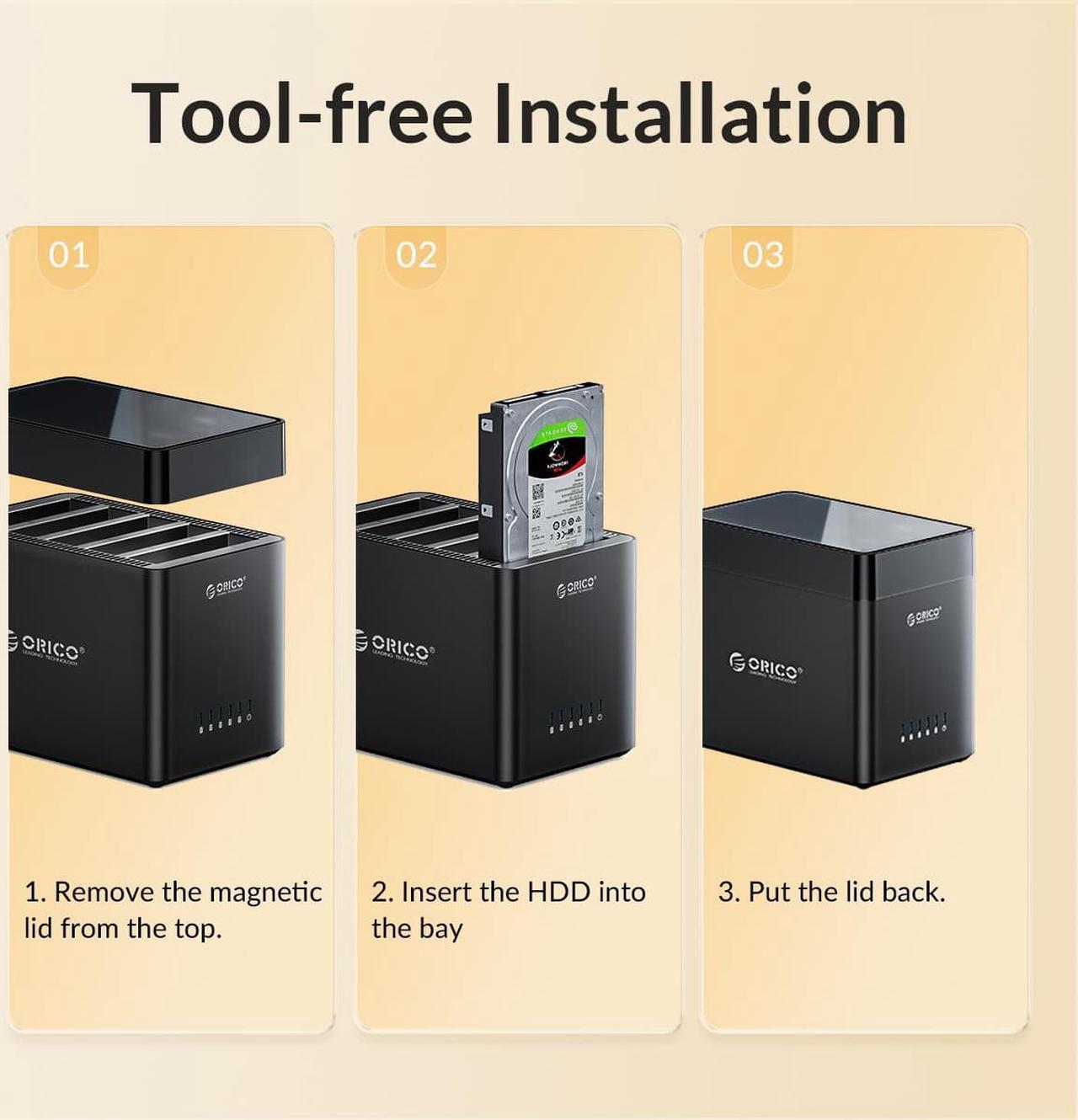 Alt view image 7 of 7 - ORICO 5 Bay Hard Drive Enclosure 3.5inch USB 3.0 to SATA Magnetic Tool-Free External SSD HDD Docking Station Case with Fan for Family Data Backup, Storage Expansion Up to 90TB (5x18)