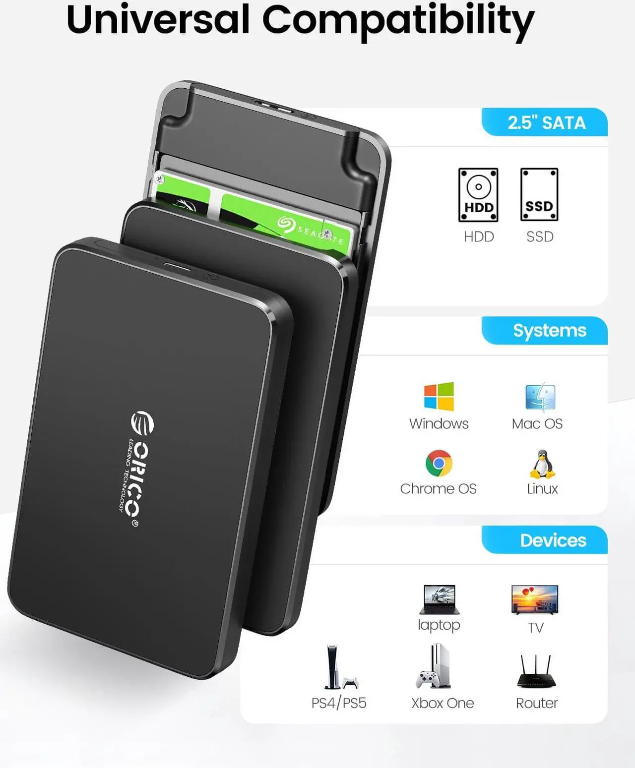 Alt view image 3 of 7 - ORICO Tool Free 2.5 inch USB 3.0 SATA External Hard Drive Enclosure for 2.5" SATA HDD and SSD Support UASP and  6TB Drive Max -Black