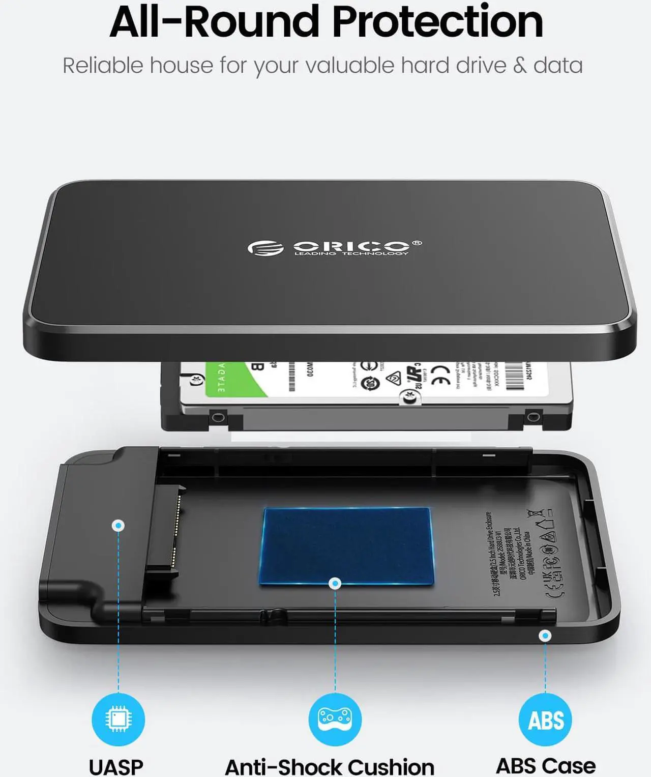Alt view image 5 of 7 - ORICO Tool Free 2.5 inch USB 3.0 SATA External Hard Drive Enclosure for 2.5" SATA HDD and SSD Support UASP and  6TB Drive Max -Black