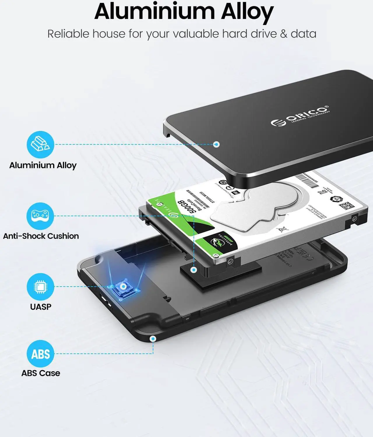 Alt view image 6 of 7 - ORICO Tool Free 2.5 inch USB 3.0 SATA External Hard Drive Enclosure for 2.5" SATA HDD and SSD Support UASP and  6TB Drive Max -Black