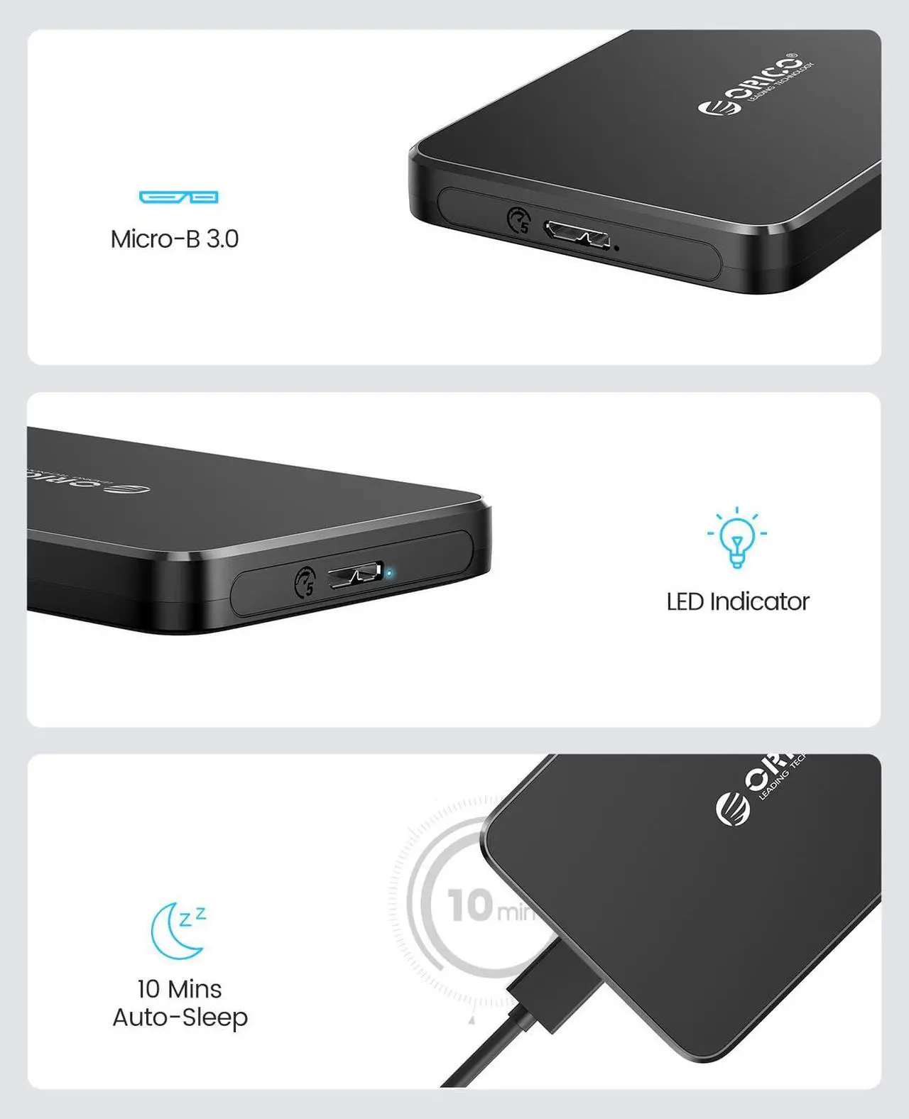 Alt view image 7 of 7 - ORICO Tool Free 2.5 inch USB 3.0 SATA External Hard Drive Enclosure for 2.5" SATA HDD and SSD Support UASP and  6TB Drive Max -Black