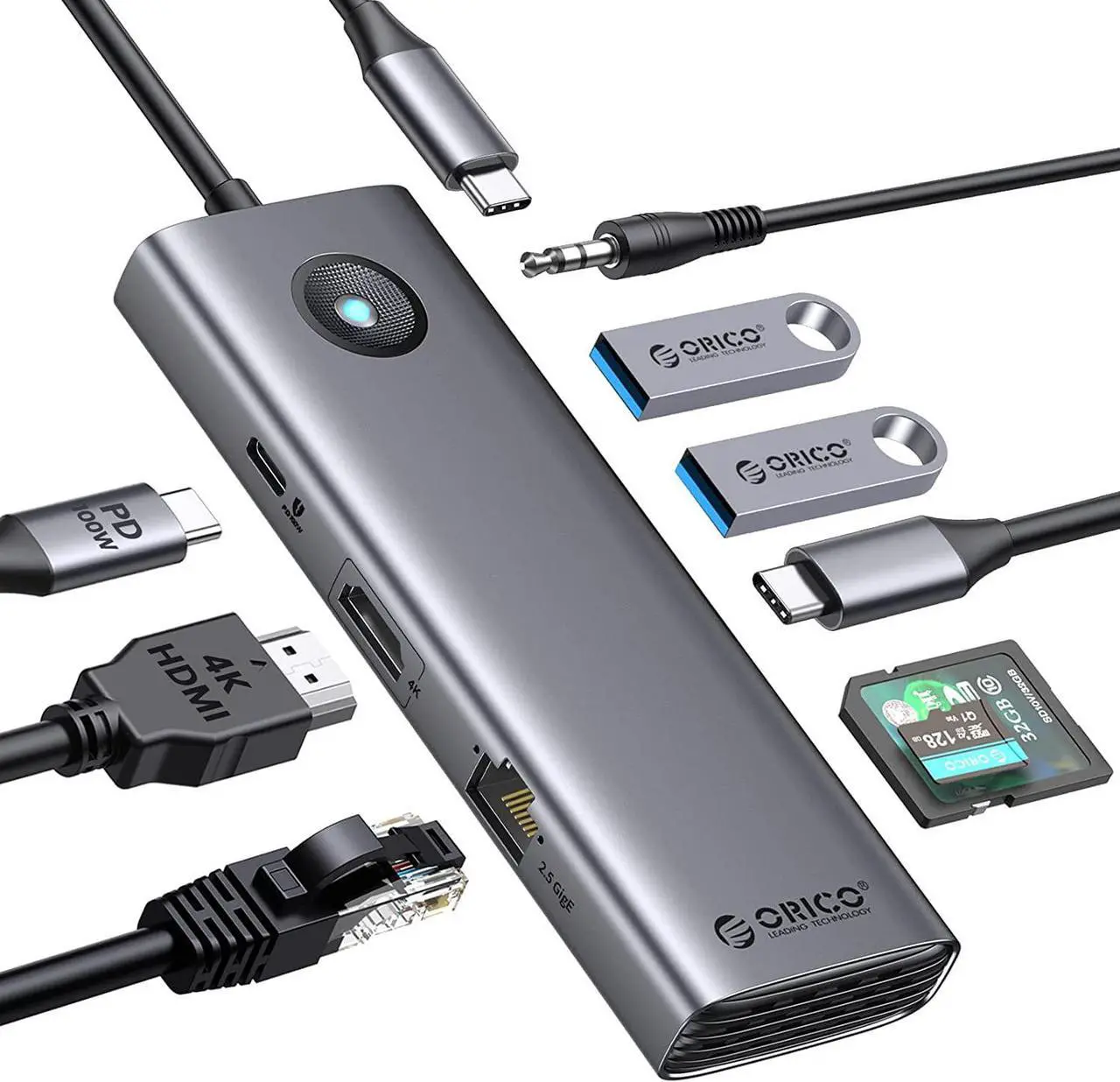 Main image of ORICO USB C Docking Station, 9 in 1 USB C Dongle with 4K HDMI-Compatible, 2.5G Ethernet, 100W PD Charging, SD/TF Card, VGA and 3 USB 3.0 Data Ports, Suitable for MacBook Pro/Air/Dell/Lenovo,etc