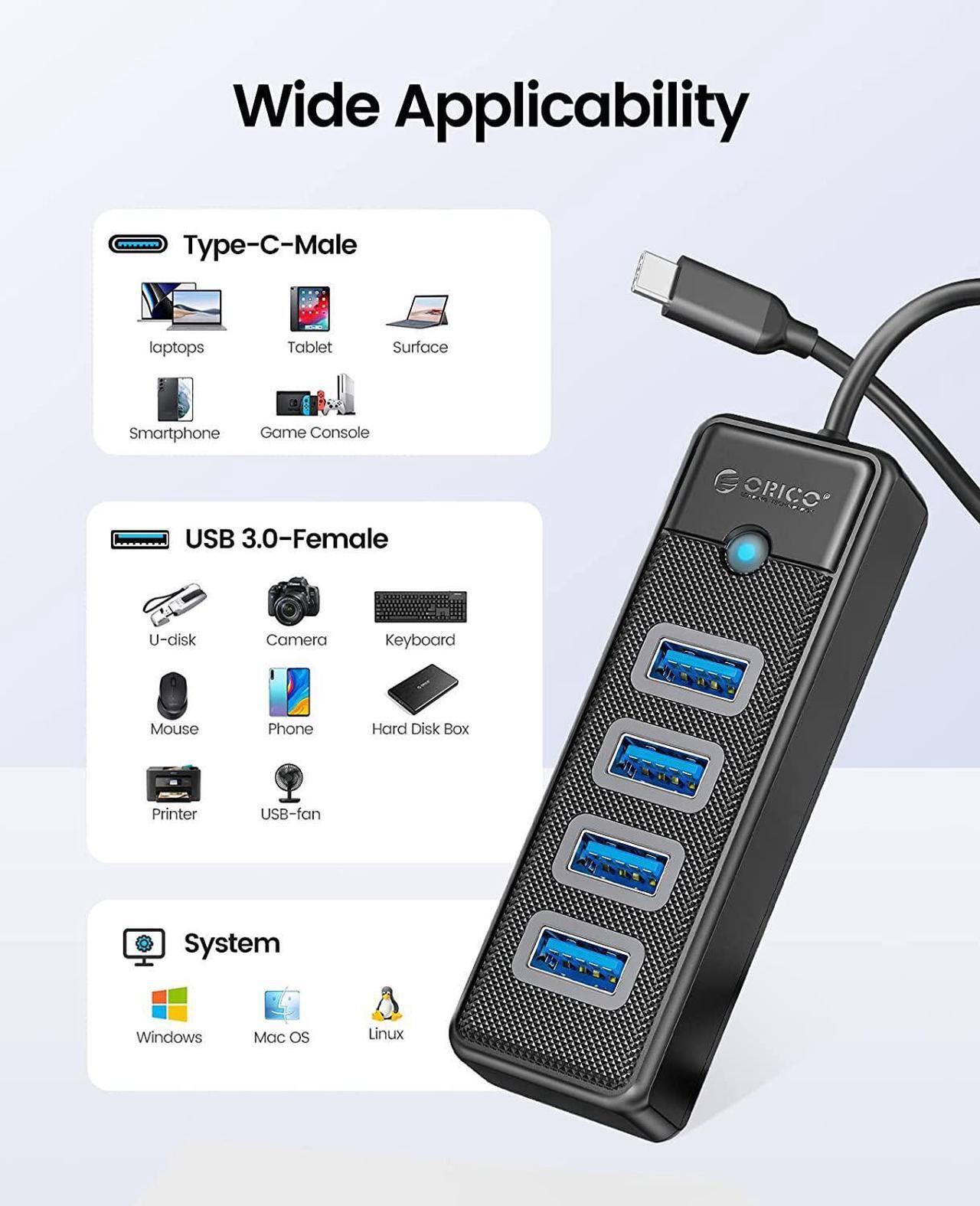 Alt view image 2 of 6 - ORICO USB C to 4 Ports USB 3.0 HUB 5Gbps High Speed Multi Type C Splitter Ultra-Slim OTG Adapter 100cm Cable For PC Computer Accessories Macbook Pro